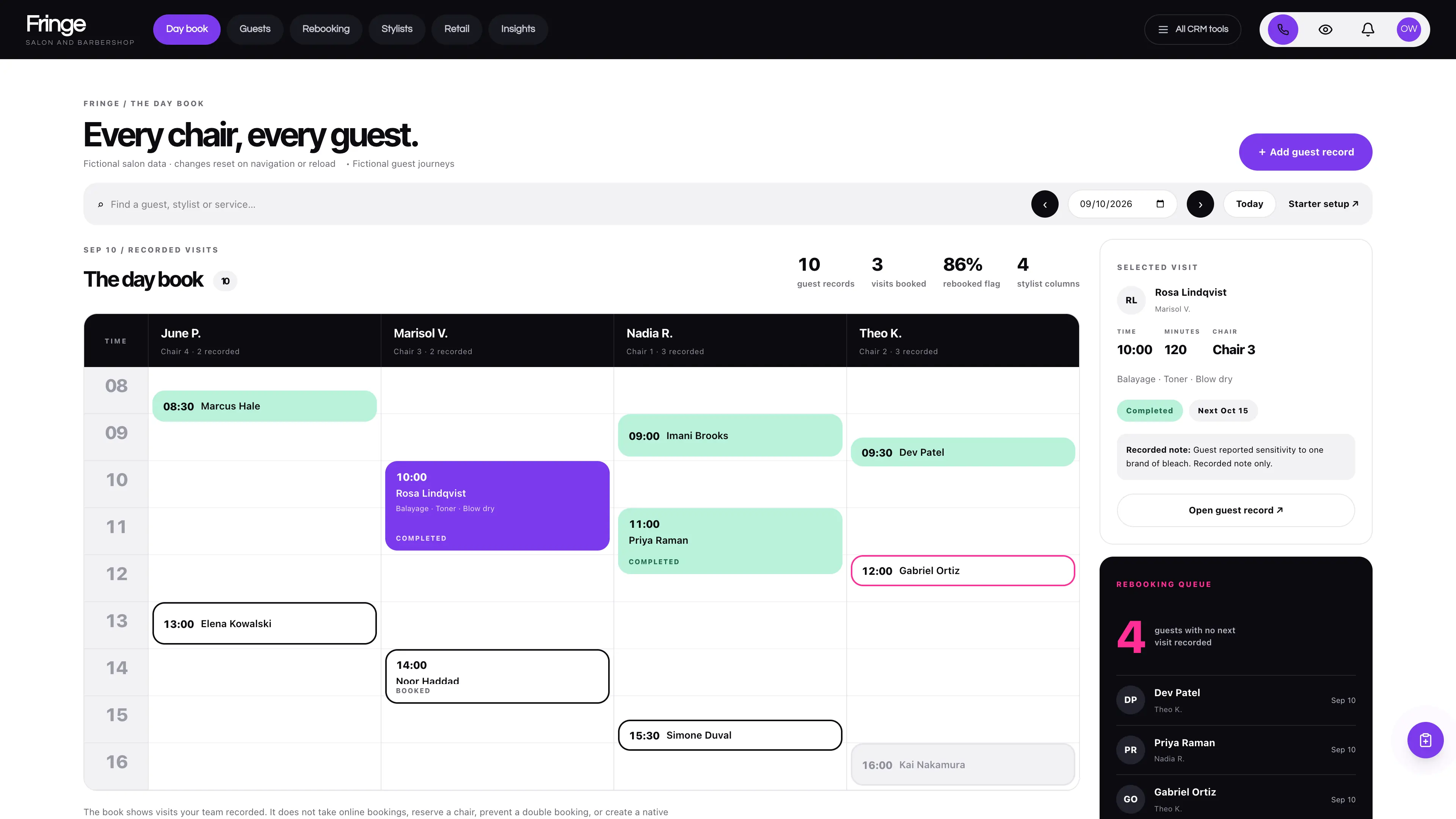 Salon day book with stylist columns, recorded visit blocks, a selected guest card and a rebooking queue using sample data