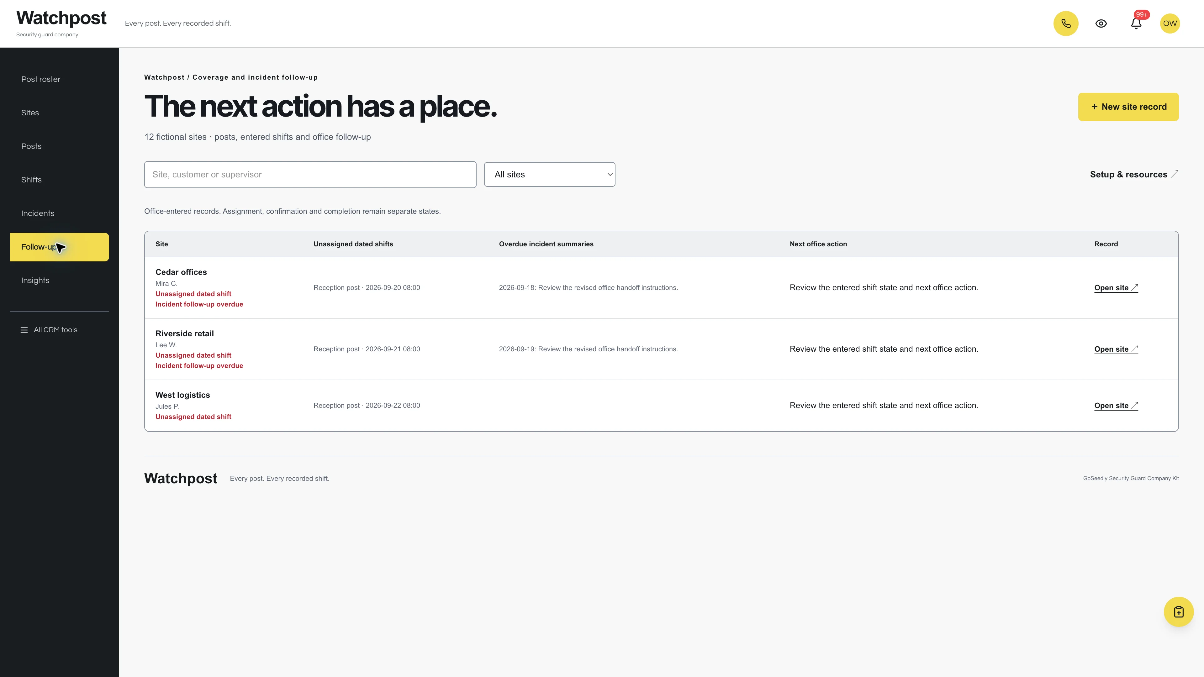 Follow-up in the GoSeedly Security Guard Company Kit with fictional sample records