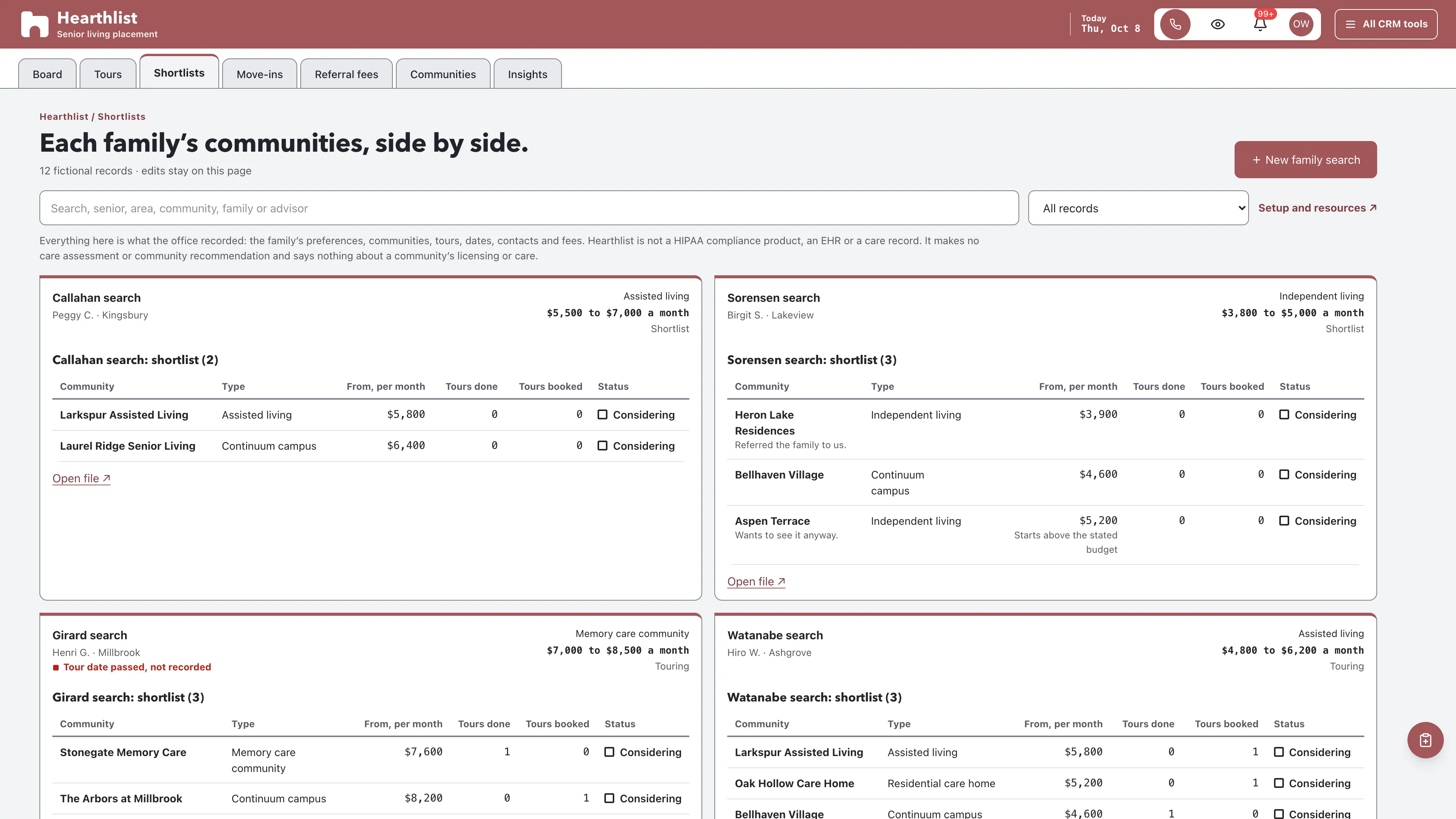 Shortlists in the GoSeedly Senior Living Placement Kit with fictional sample records