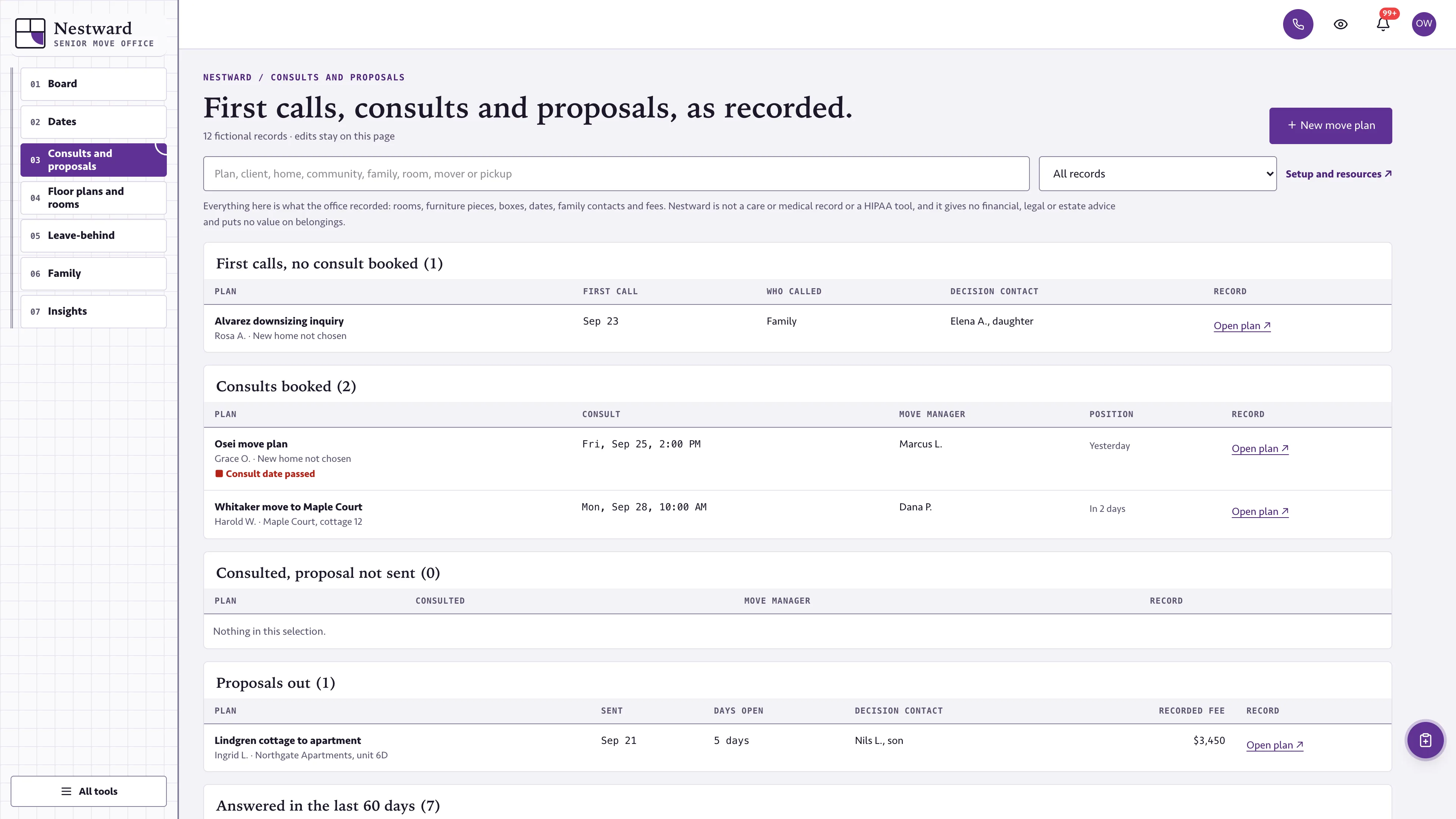 Consults and proposals in the GoSeedly Senior Move Manager Kit with fictional sample records