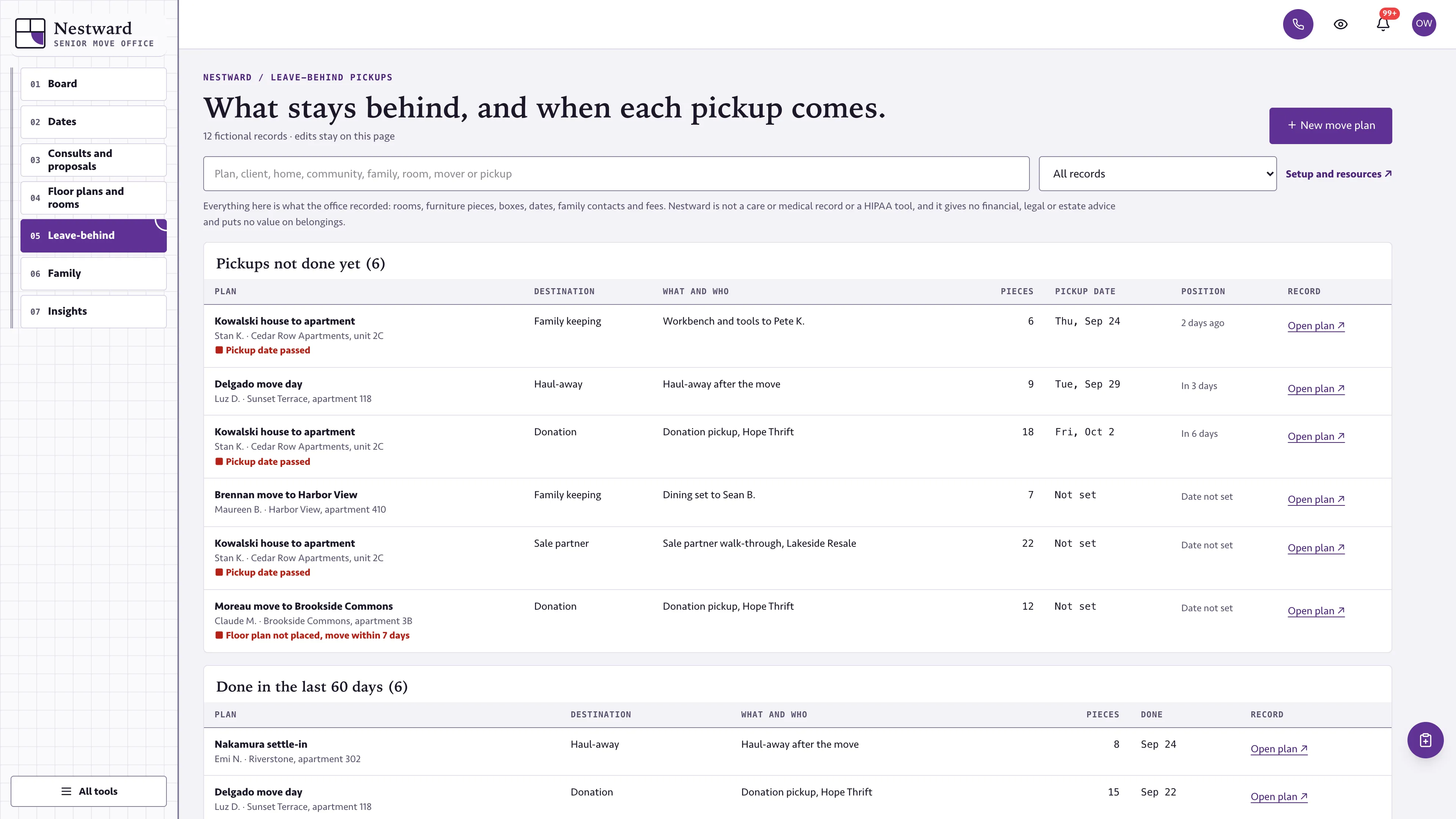 Leave-behind pickups in the GoSeedly Senior Move Manager Kit with fictional sample records