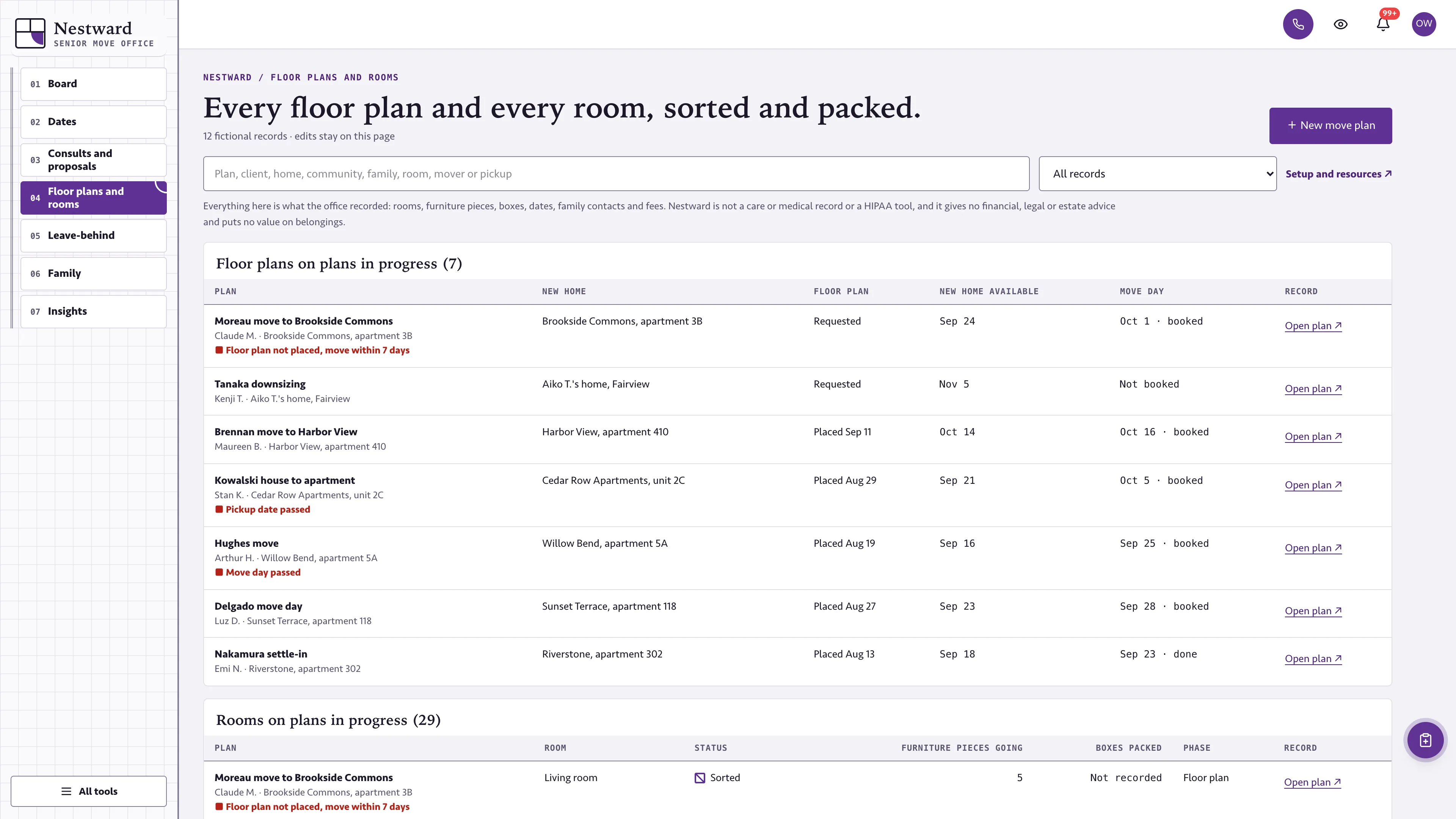 Floor plans and rooms in the GoSeedly Senior Move Manager Kit with fictional sample records