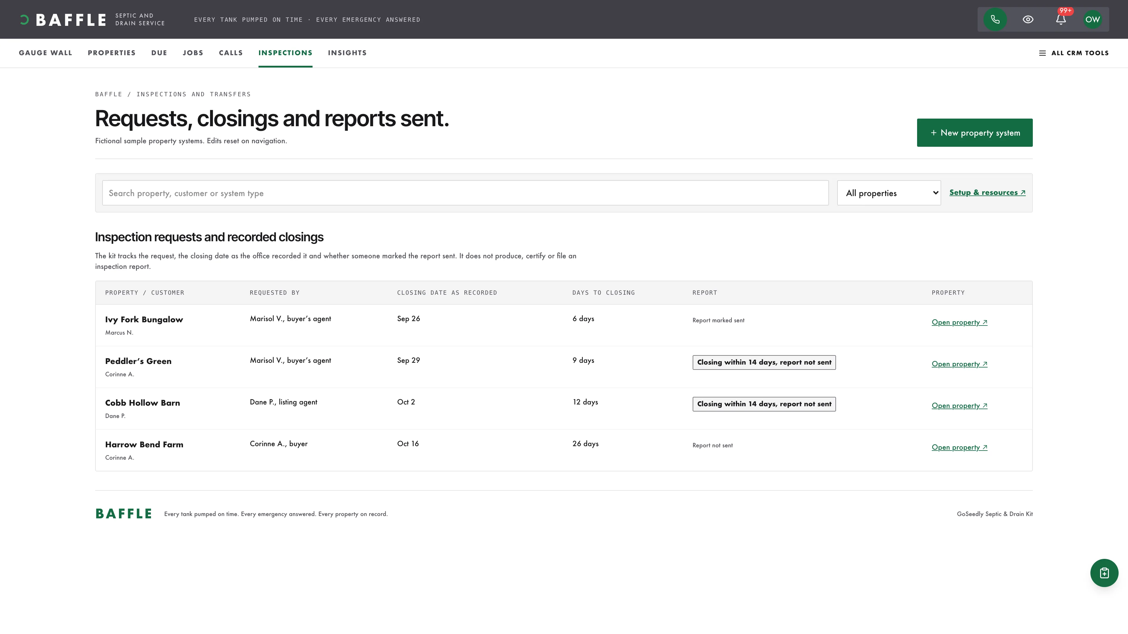 Inspections in the GoSeedly Septic & Drain Kit with fictional sample records