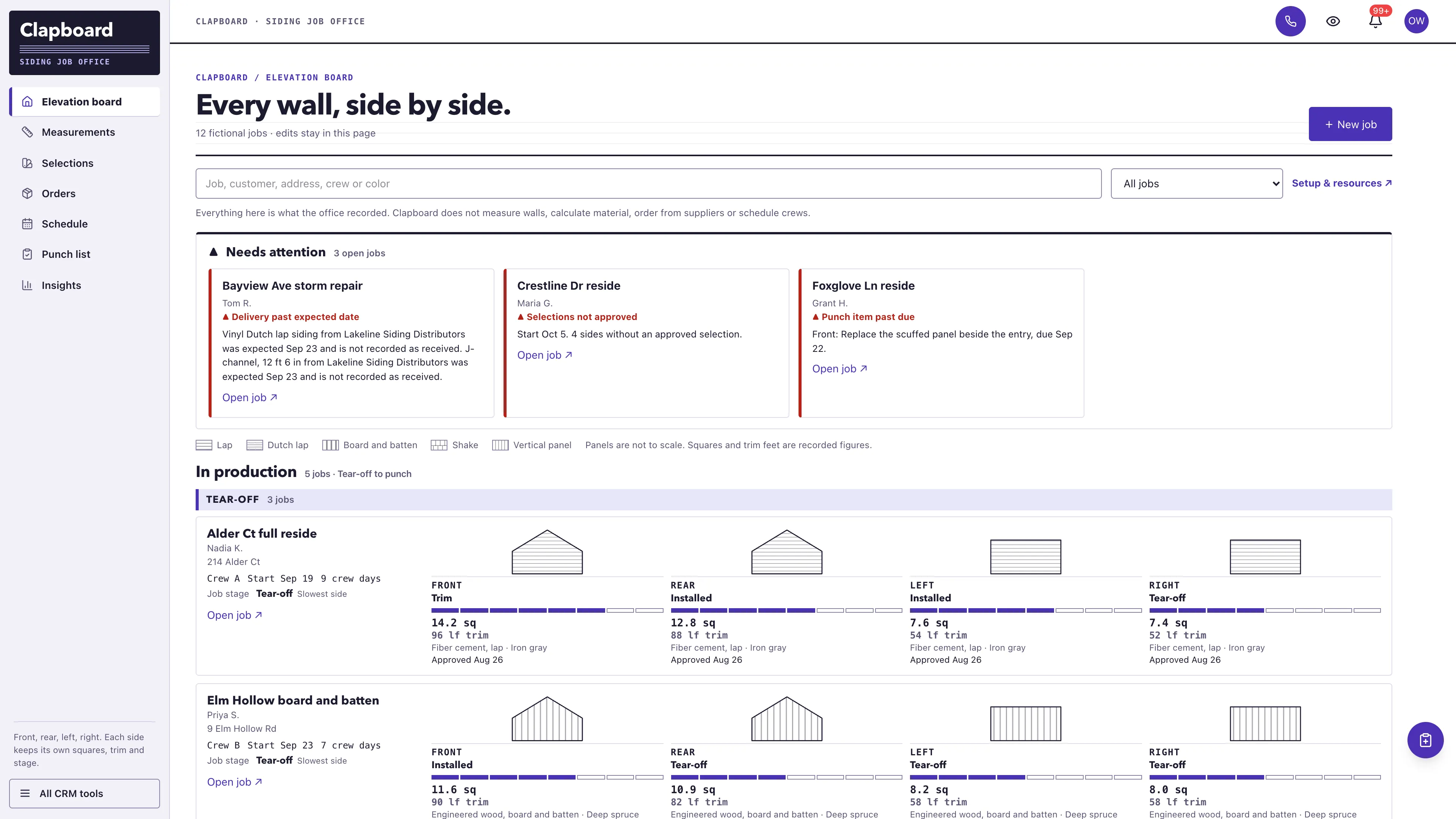Pale violet-grey rail with an ink brand block beside a needs-attention strip and siding job cards, each with four elevation outlines filled with lap or board and batten lines, squares and trim feet on separate lines and an eight-step stage ladder, using fictional sample data