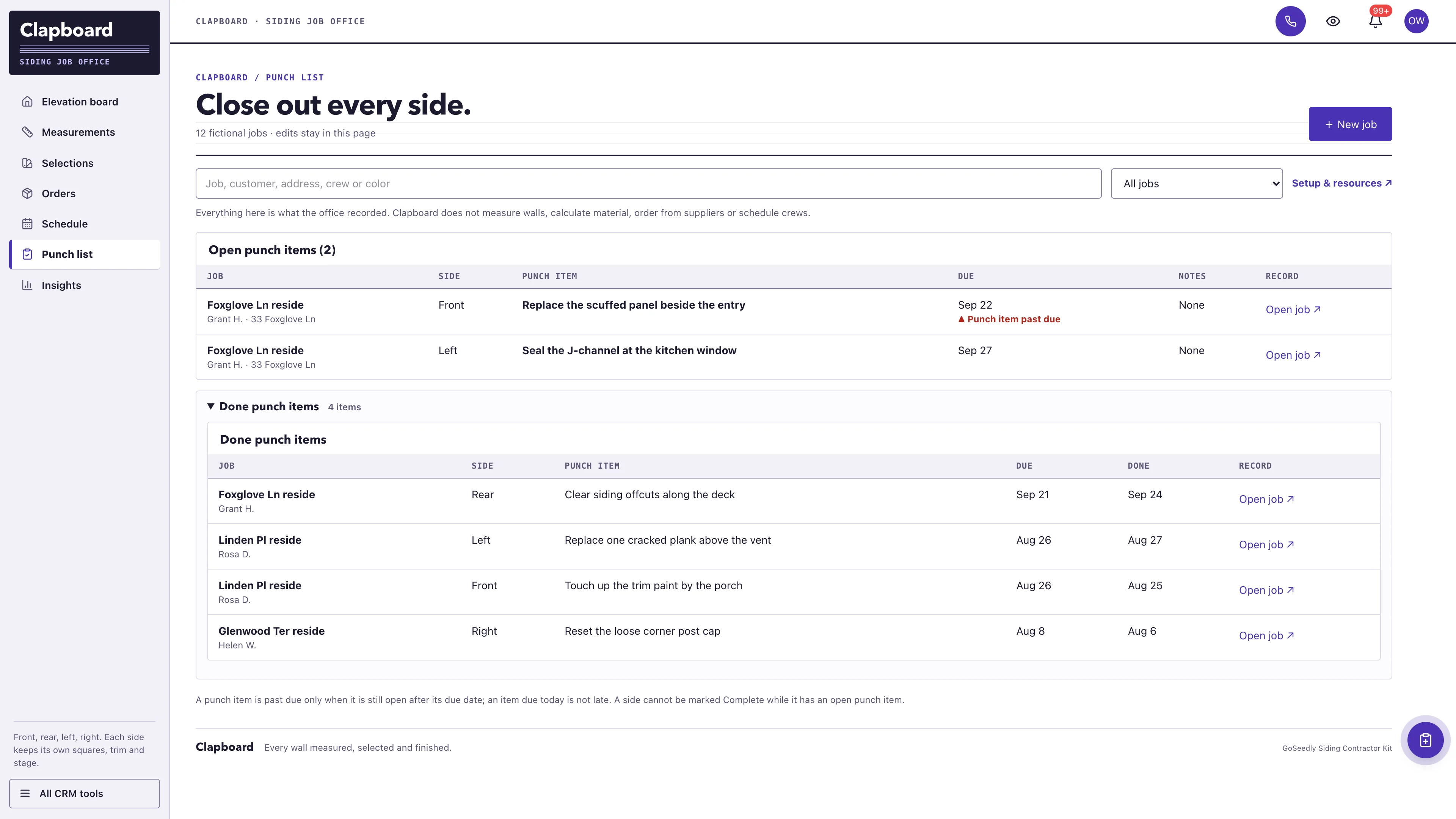 Punch list in the GoSeedly Siding Contractor Kit with fictional sample records