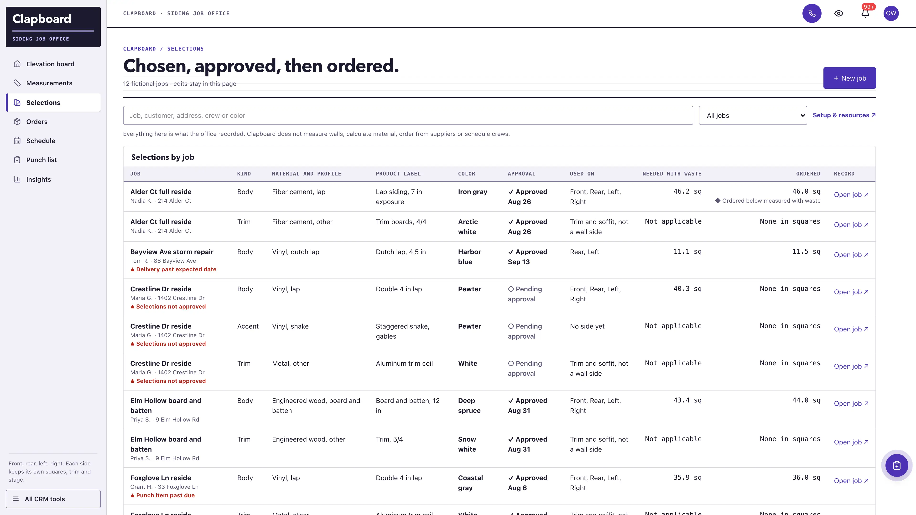 Selections in the GoSeedly Siding Contractor Kit with fictional sample records
