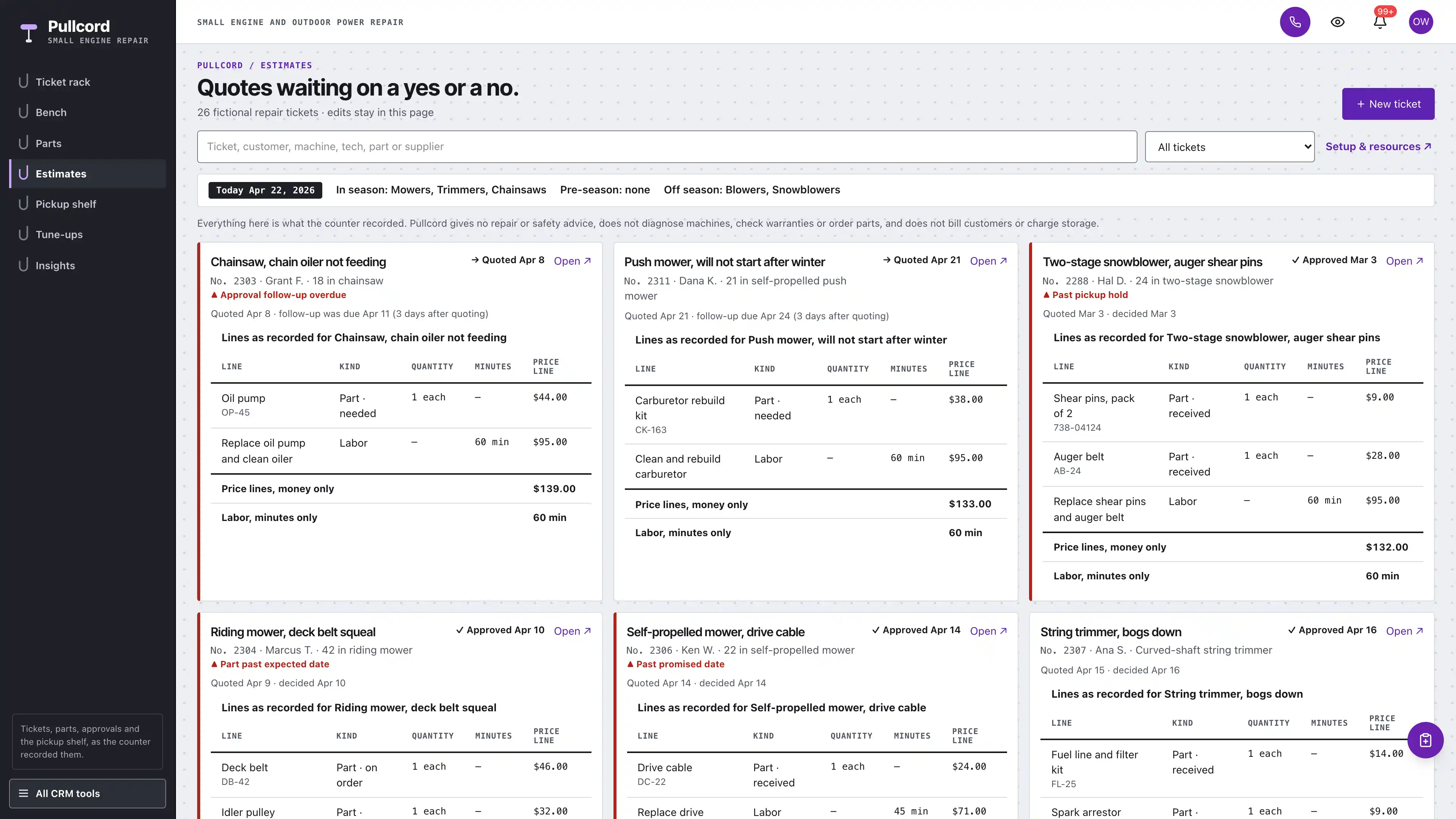 Estimates in the GoSeedly Small Engine & Outdoor Power Repair Kit with fictional sample records