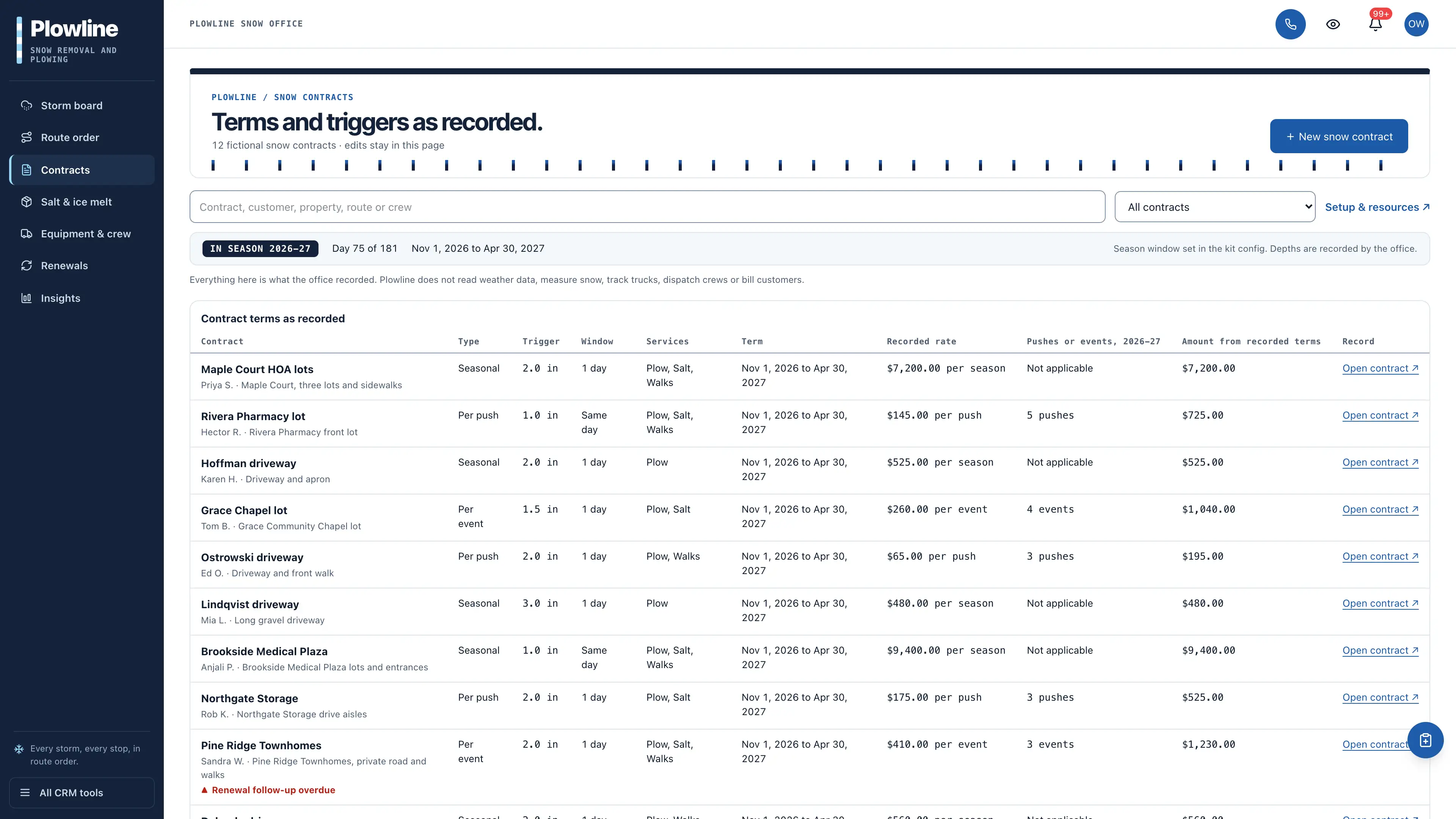 Contracts in the GoSeedly Snow Removal Kit with fictional sample records