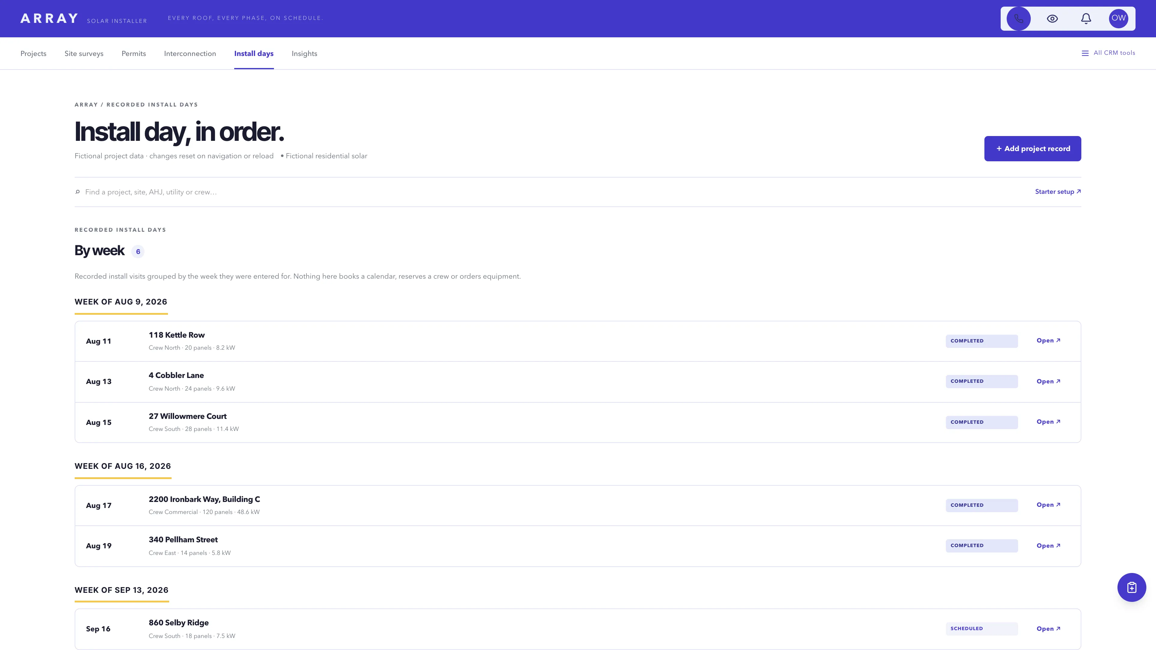 Install days in the GoSeedly Solar Installer Kit with fictional sample records