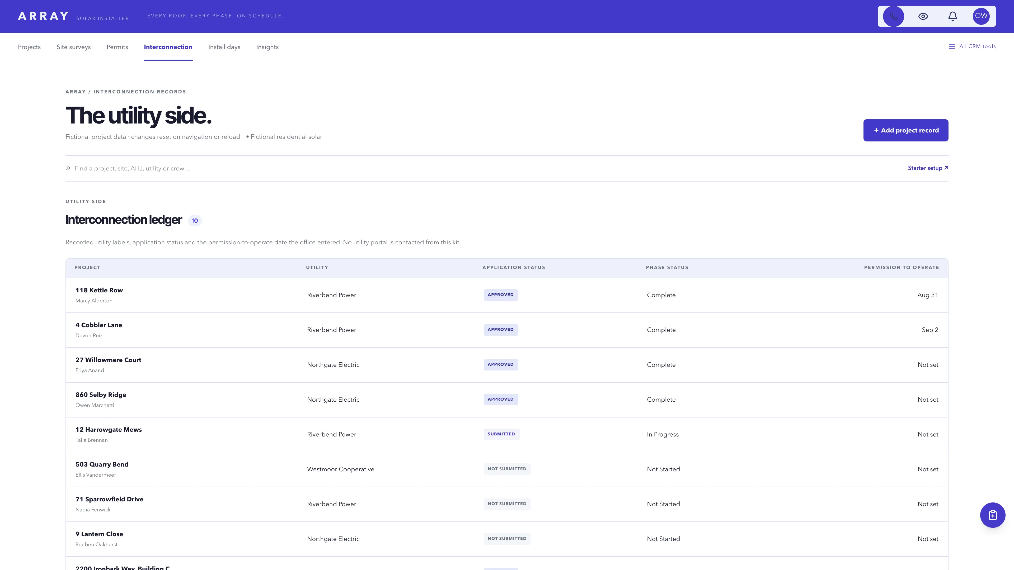 Interconnection in the GoSeedly Solar Installer Kit with fictional sample records