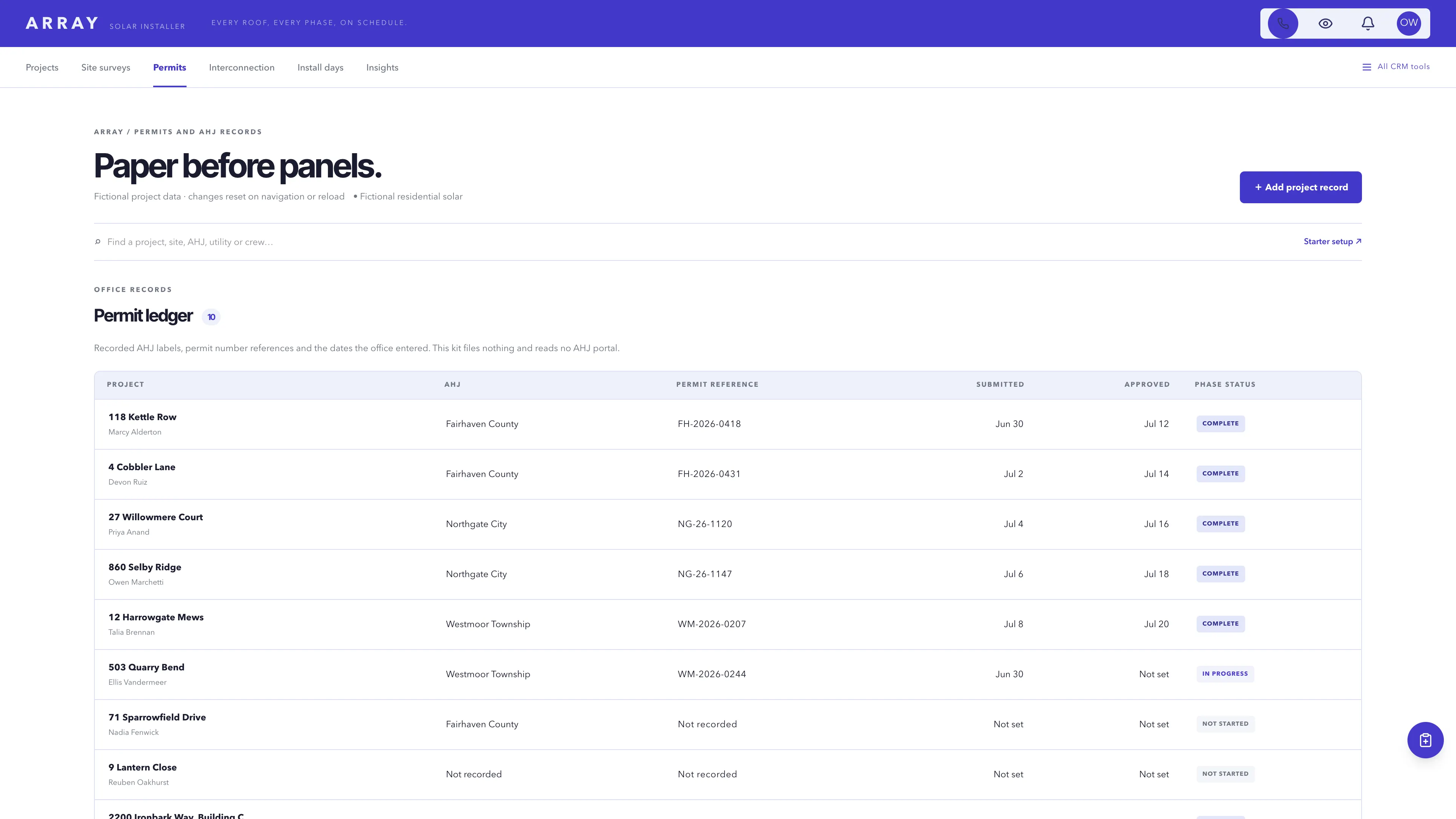 Permits and AHJ in the GoSeedly Solar Installer Kit with fictional sample records