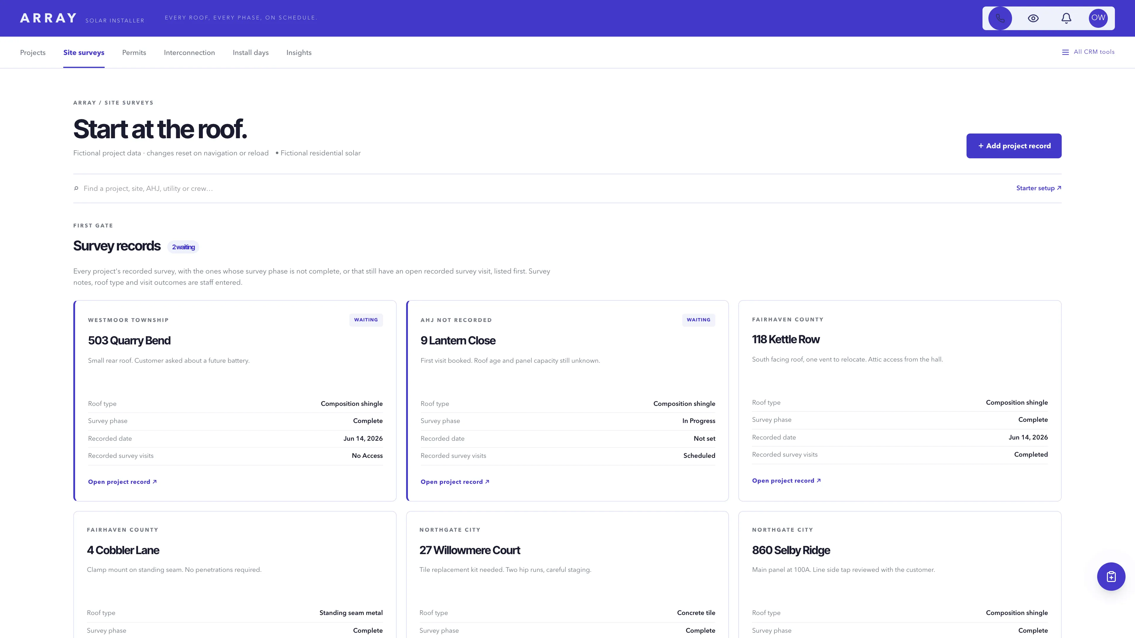 Site surveys in the GoSeedly Solar Installer Kit with fictional sample records