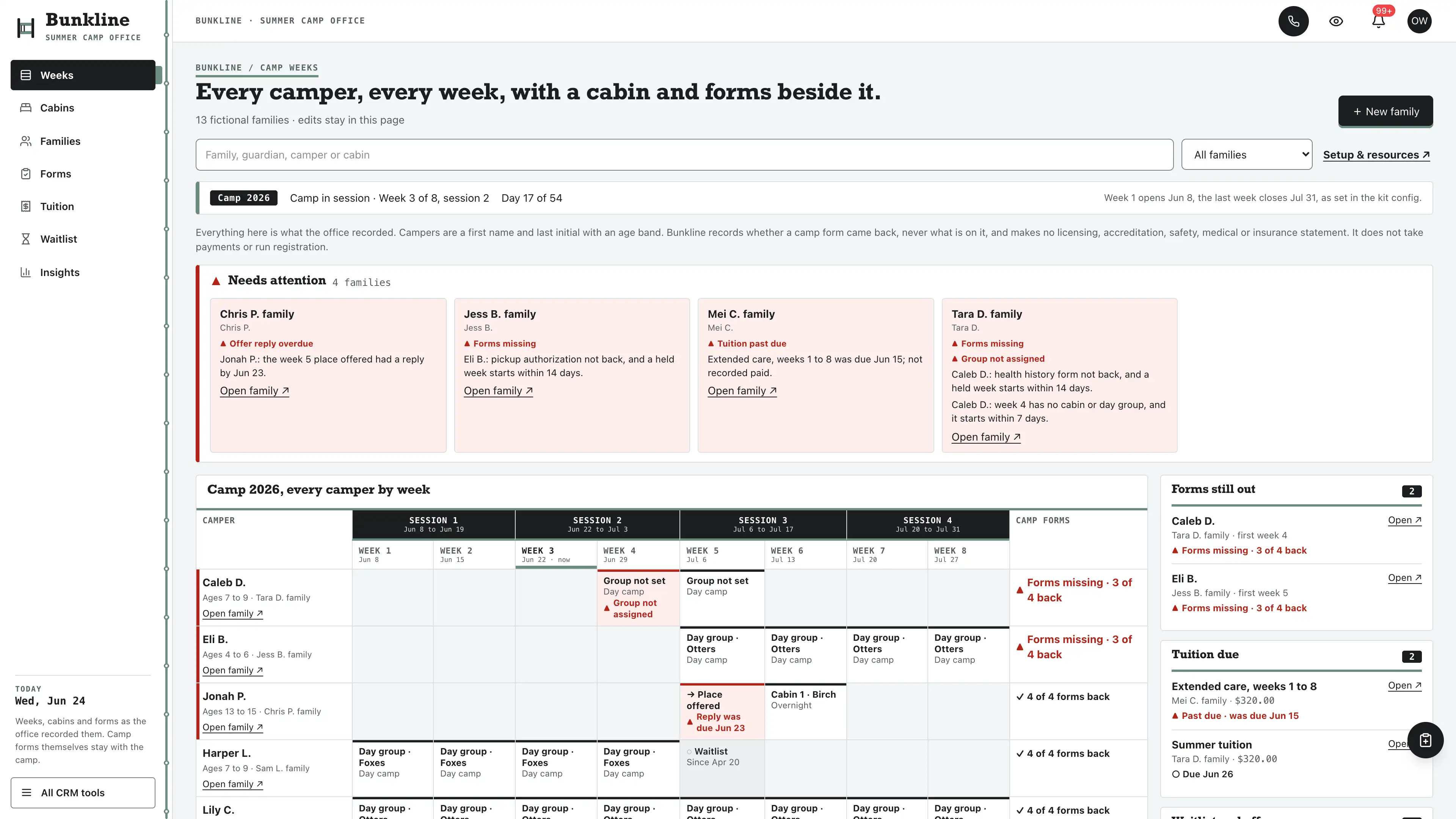 Camp weeks grid with campers as rows, eight weeks under four sessions, cabin and day group cells and forms counts using fictional sample data