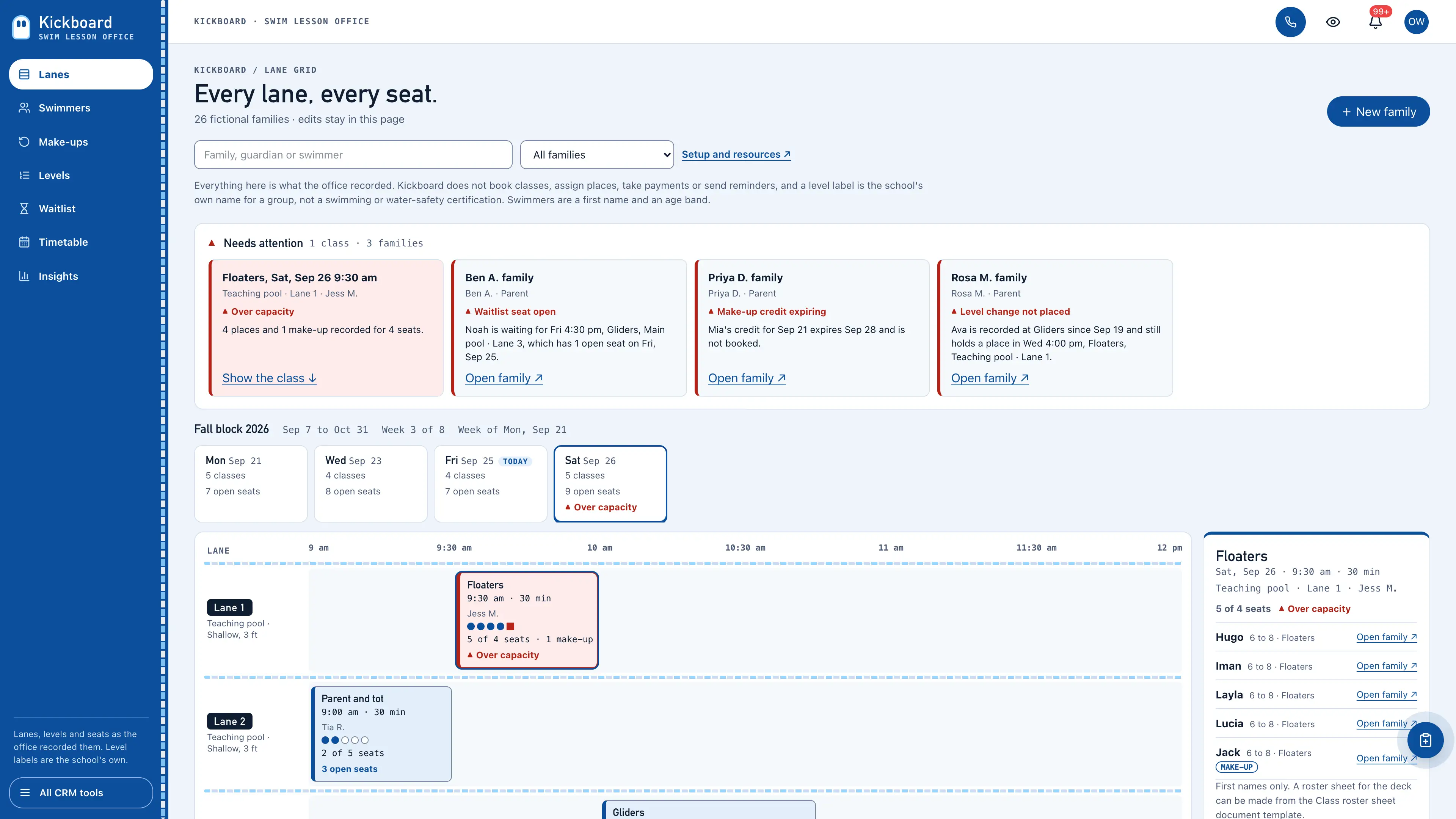 Azure side rail edged by a lane rope beside a needs-attention strip, day tabs with classes and open seats, and a lane grid of group classes placed by time with one mark per seat, a Saturday class over capacity flagged in red and its class roster, using fictional sample data