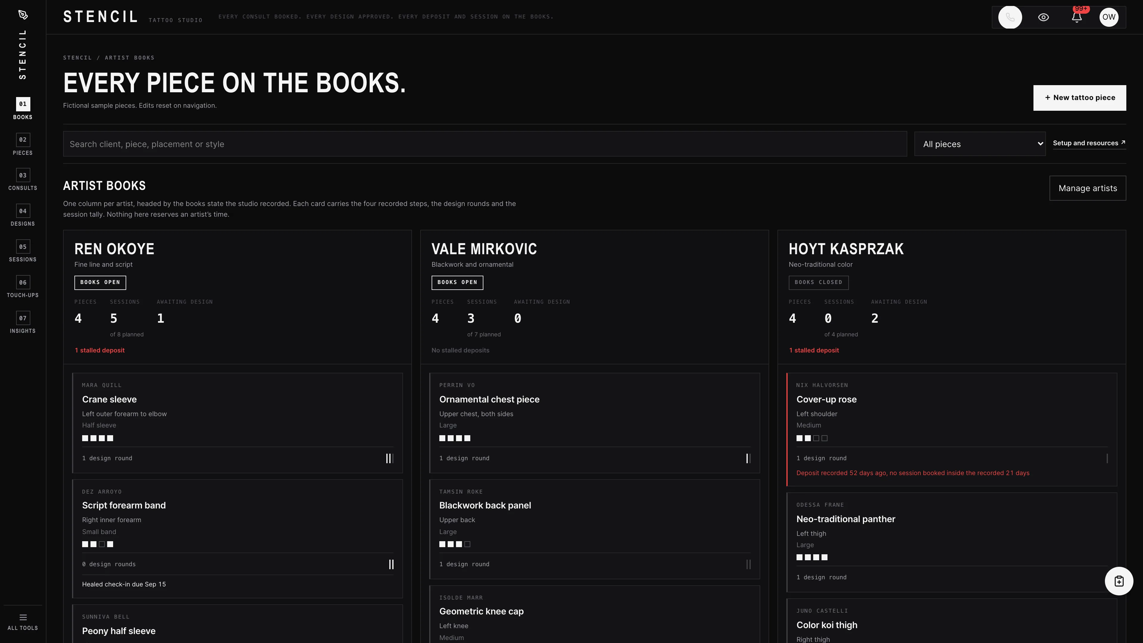 Near-black artist books with ink-square approval steppers and session tally marks using fictional sample data