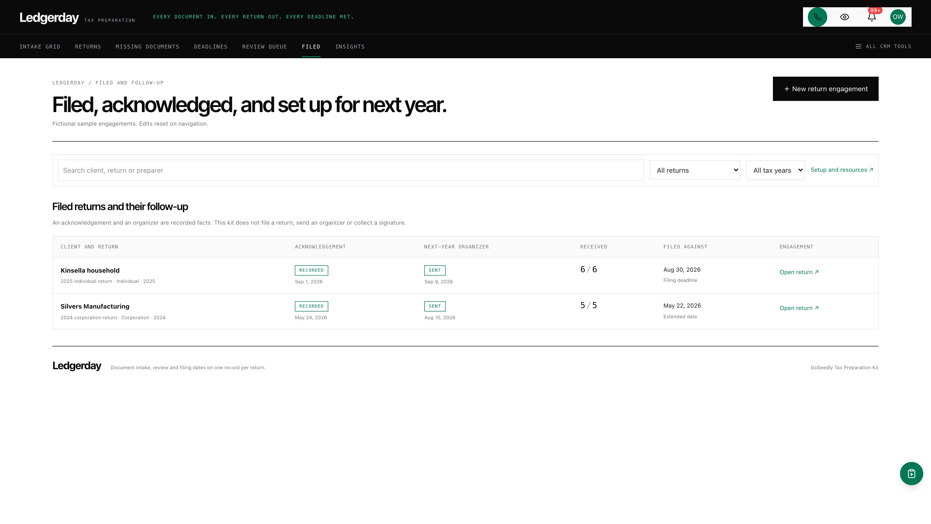 Filed and follow-up in the GoSeedly Tax Preparation Kit with fictional sample records