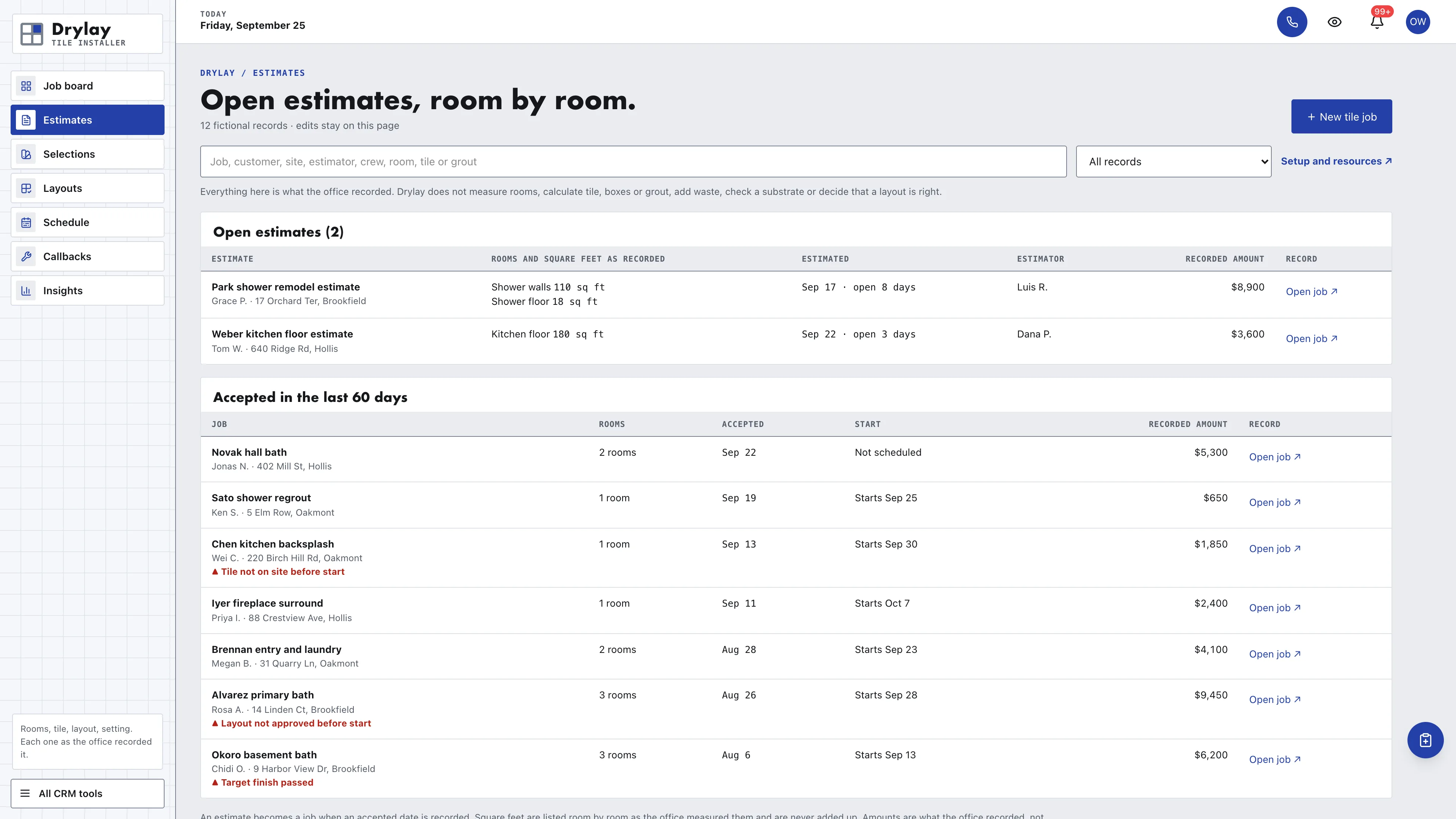 Estimates in the GoSeedly Tile Installer Kit with fictional sample records