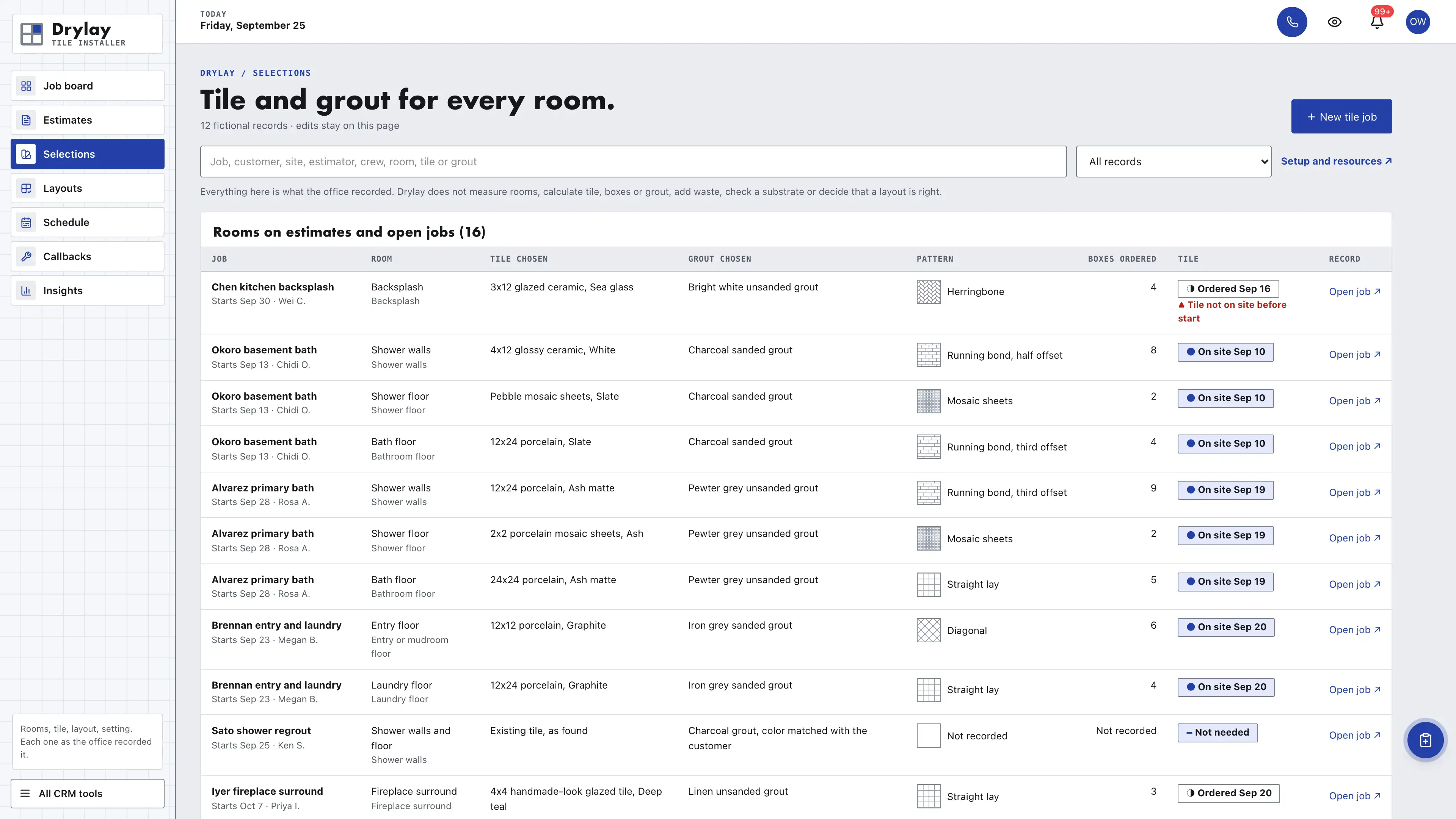 Selections in the GoSeedly Tile Installer Kit with fictional sample records