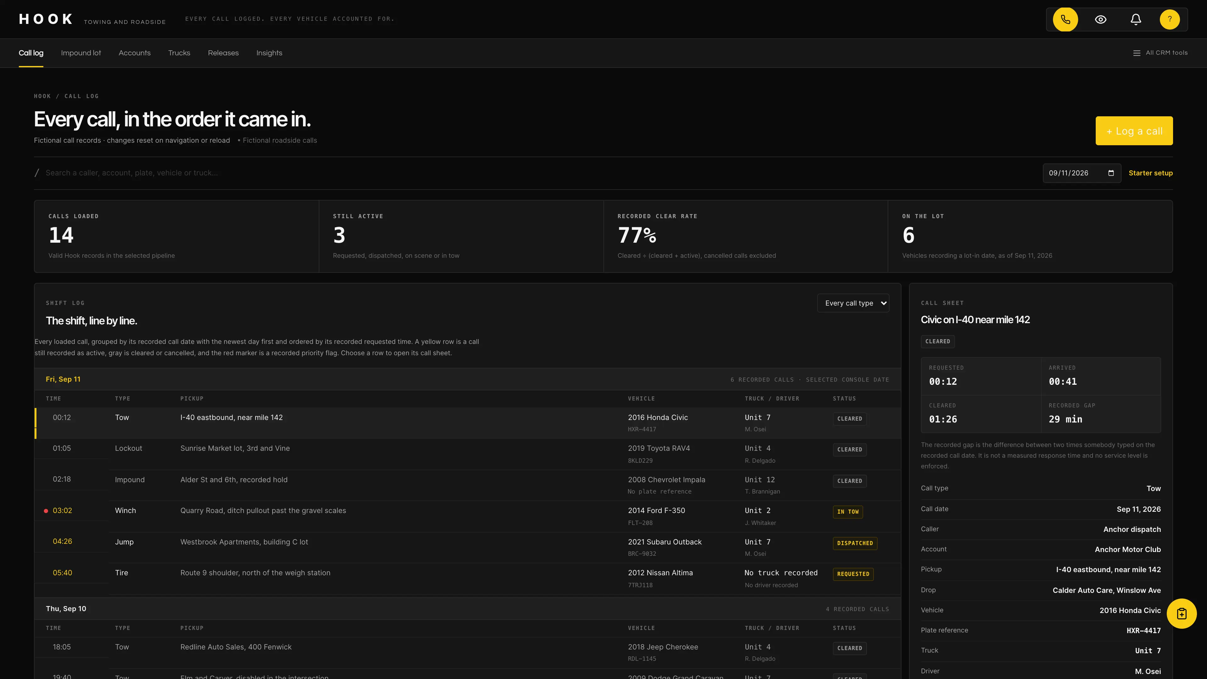 Hook call log in full dark mode with yellow active calls beside the selected call sheet