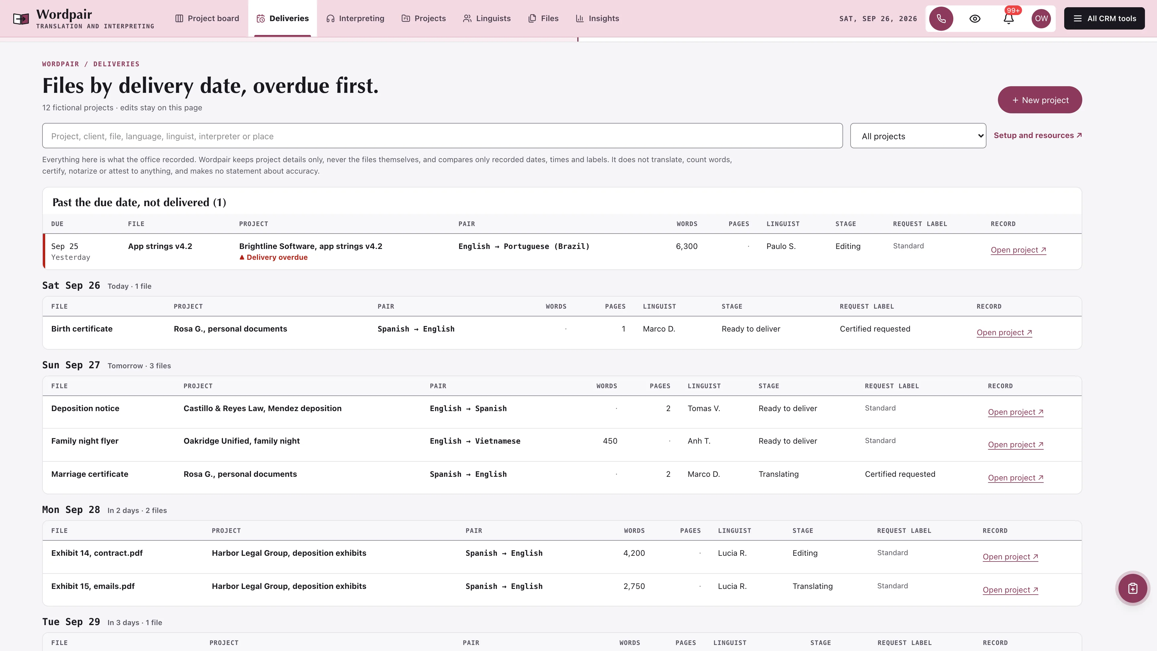 Deliveries in the GoSeedly Translation & Interpreting Kit with fictional sample records
