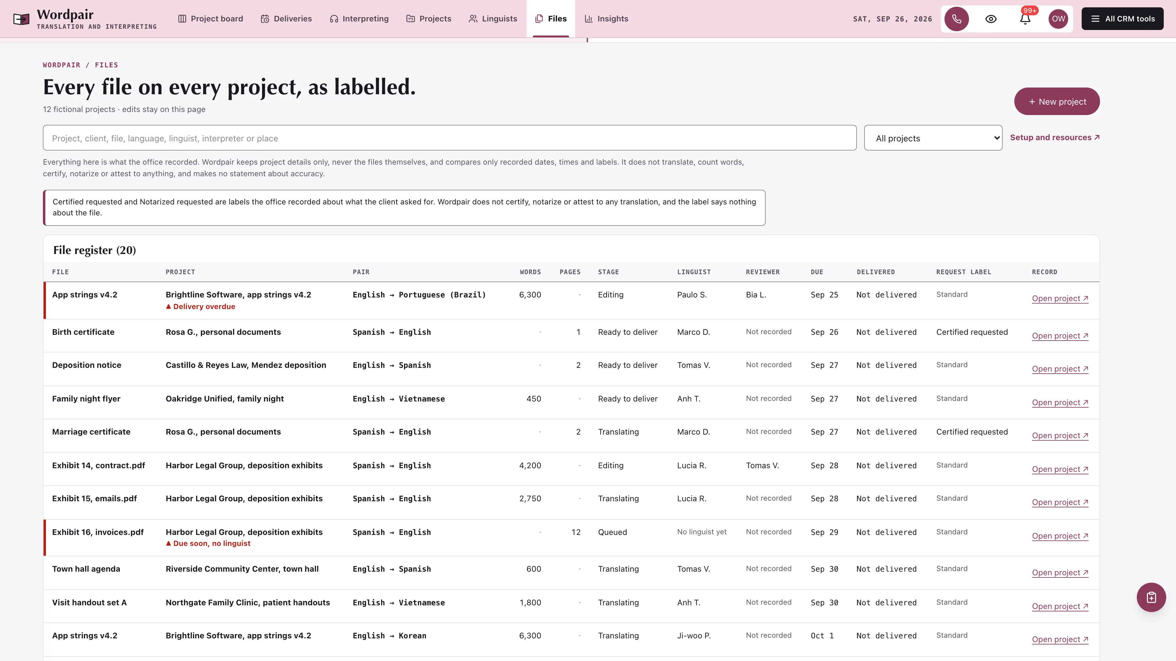 Files in the GoSeedly Translation & Interpreting Kit with fictional sample records