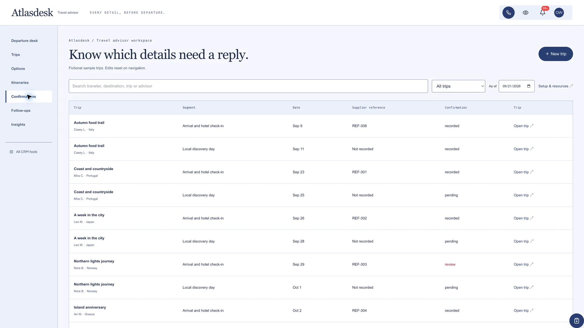 Confirmations in the GoSeedly Travel Advisor Kit with fictional sample records