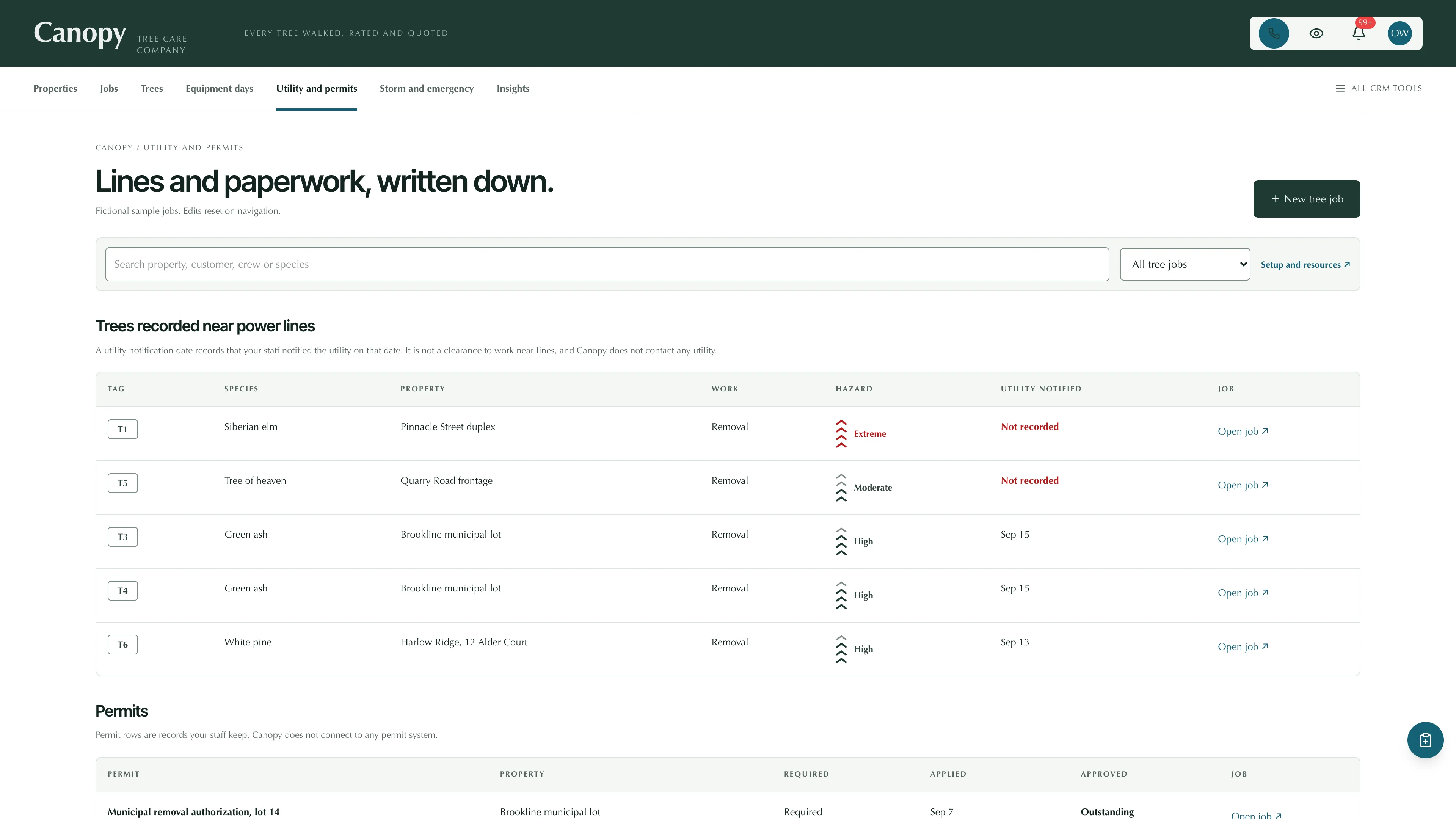 Utility and permits in the GoSeedly Tree Service Kit with fictional sample records