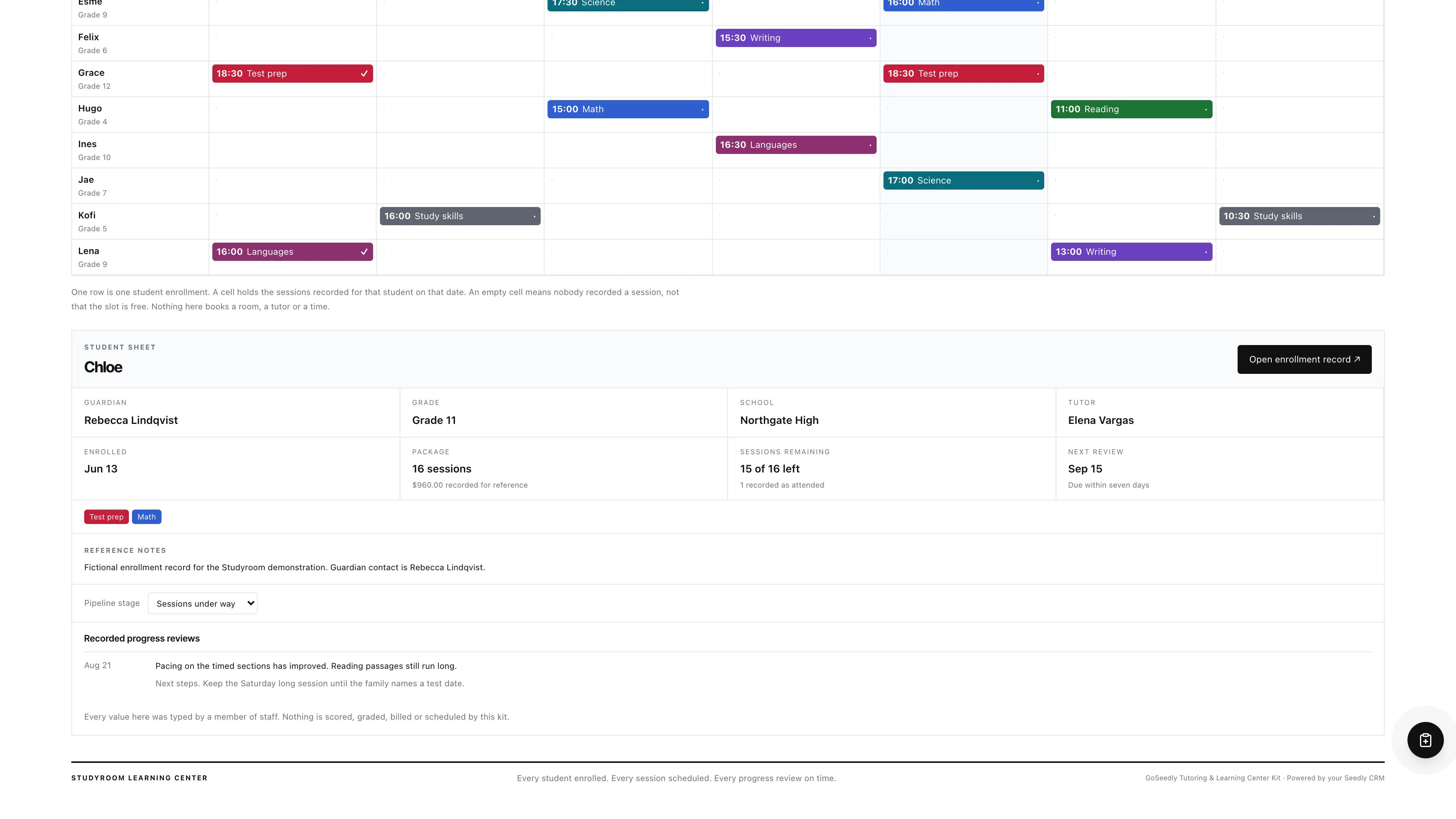 Student sheet in the GoSeedly Tutoring & Learning Center Kit with fictional sample records