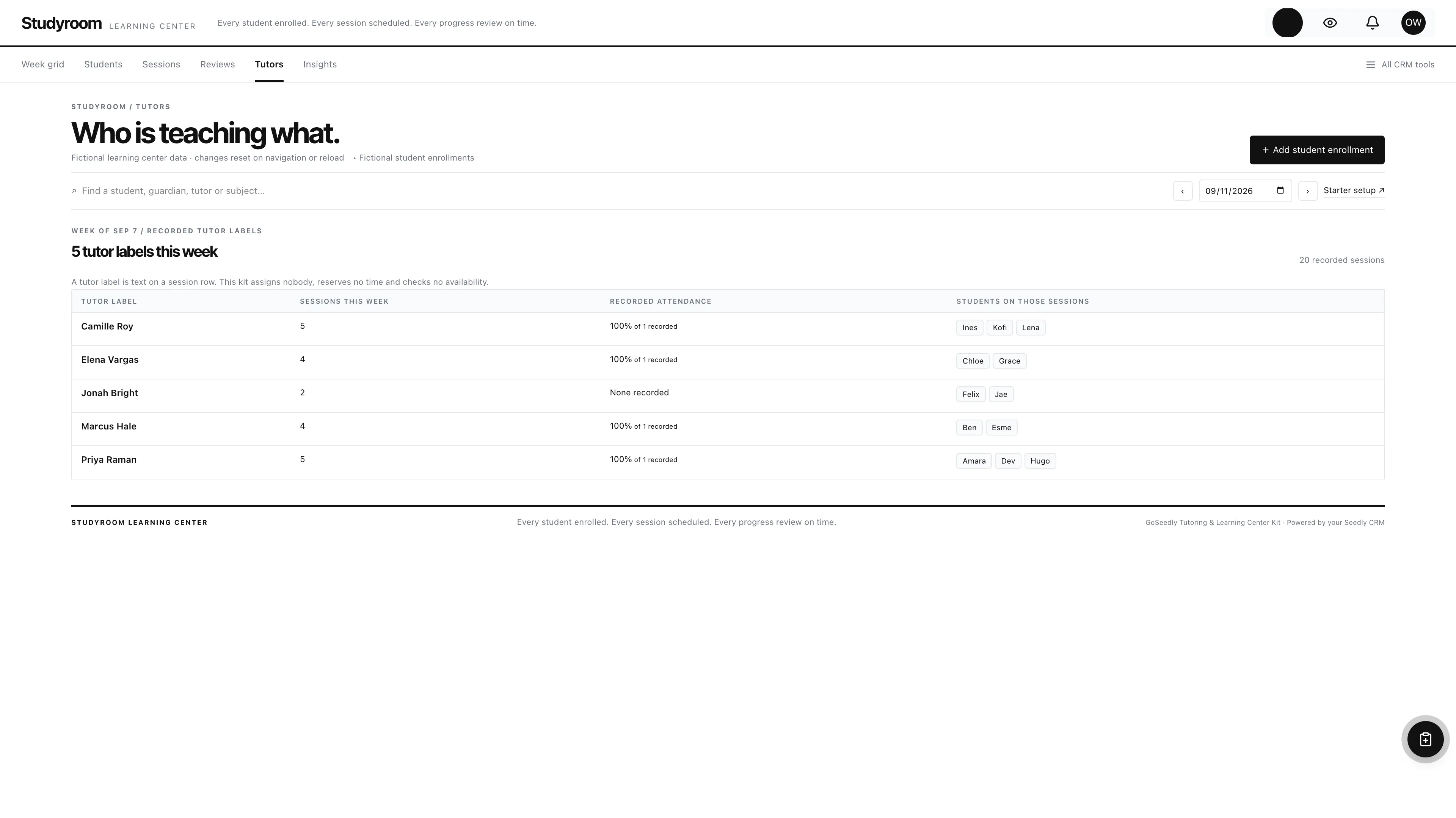 Tutor labels in the GoSeedly Tutoring & Learning Center Kit with fictional sample records