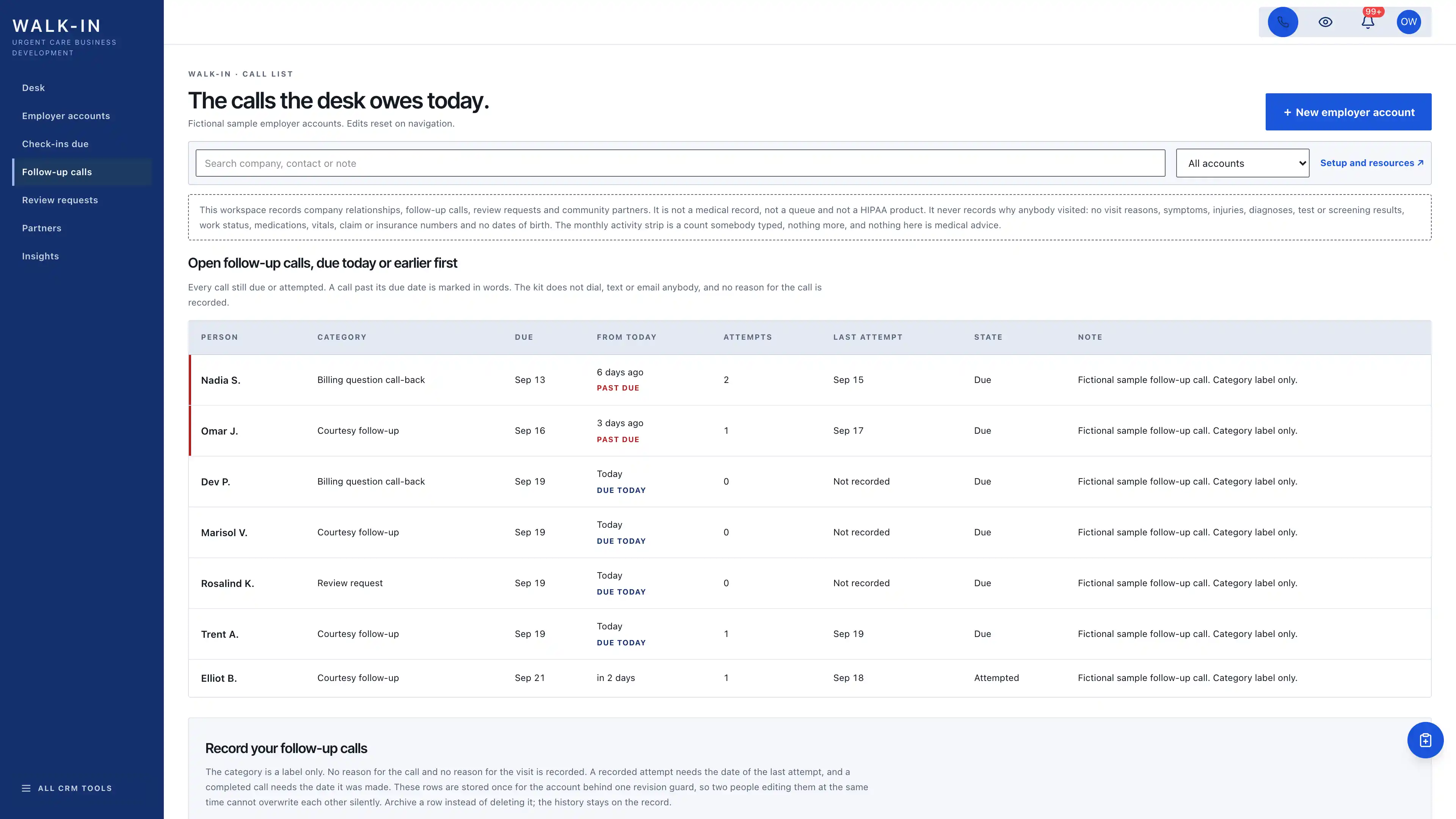 Follow-up calls in the GoSeedly Urgent Care Kit with fictional sample records