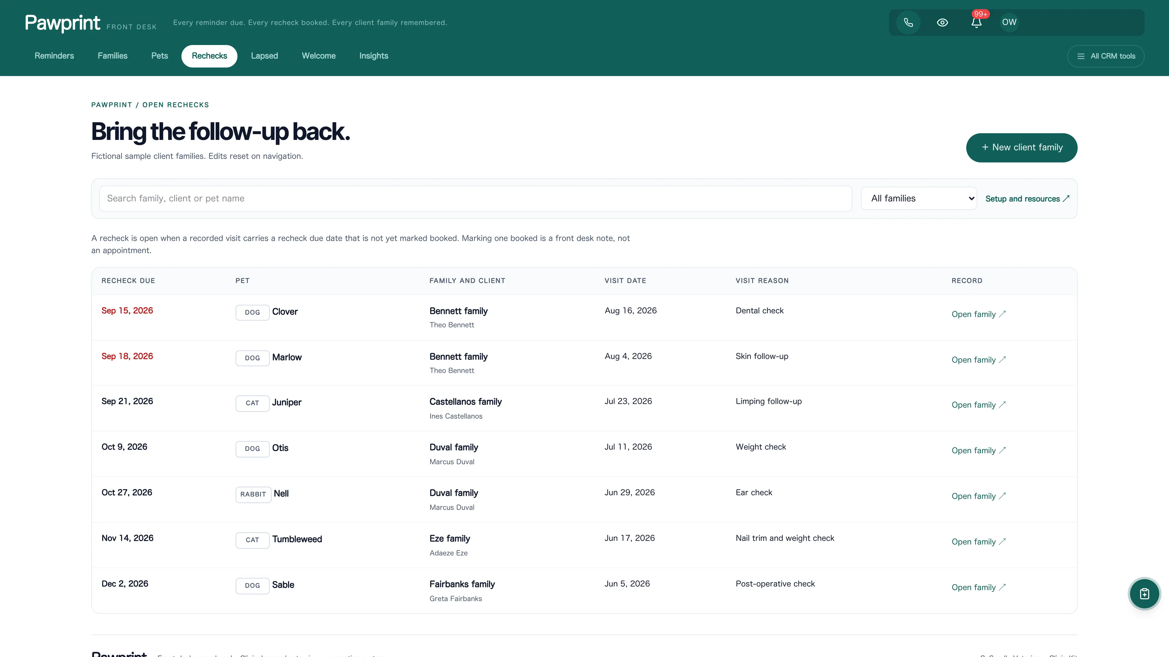 Rechecks in the GoSeedly Veterinary Clinic Kit with fictional sample records