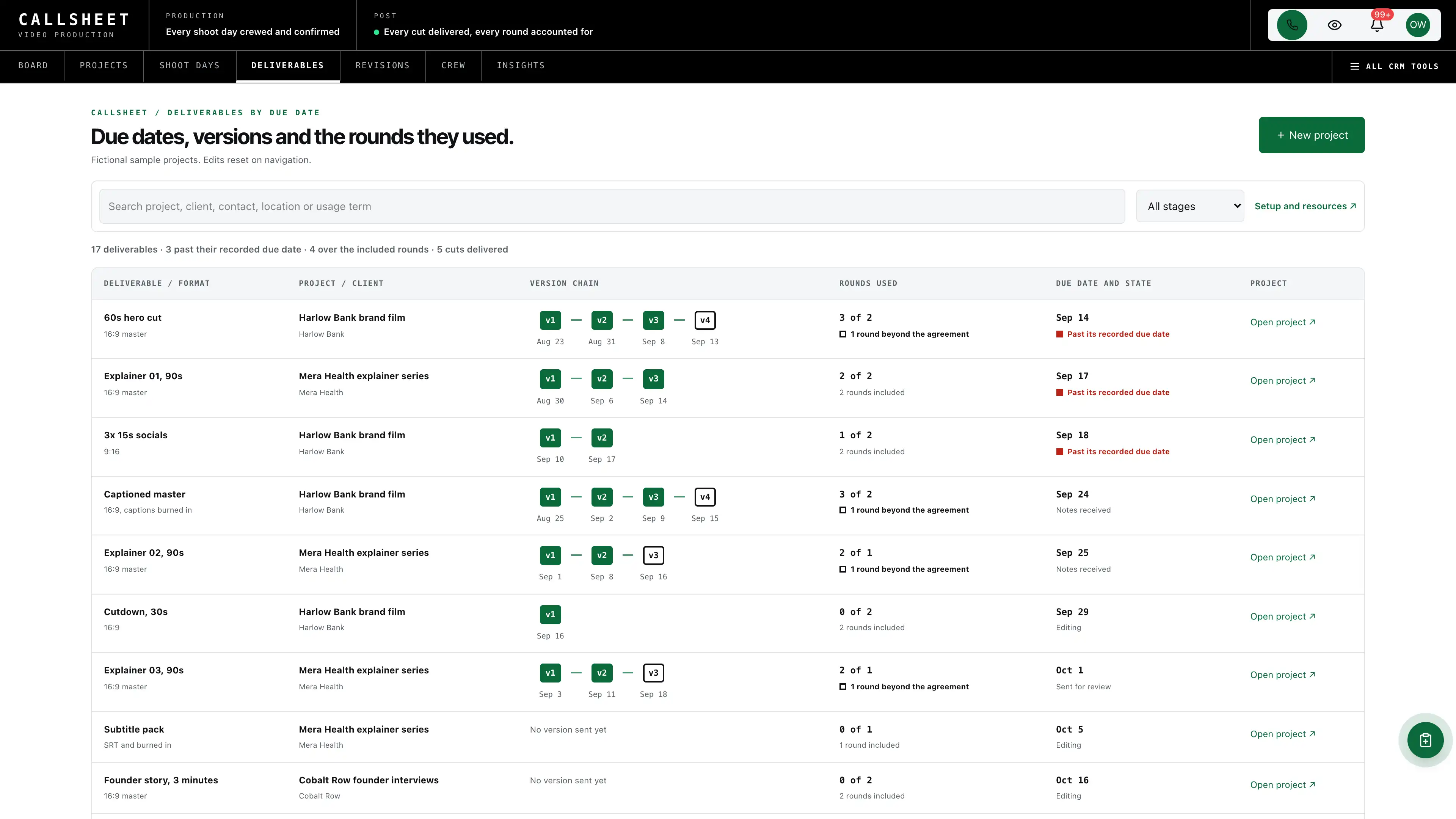 Deliverables in the GoSeedly Video Production Kit with fictional sample records