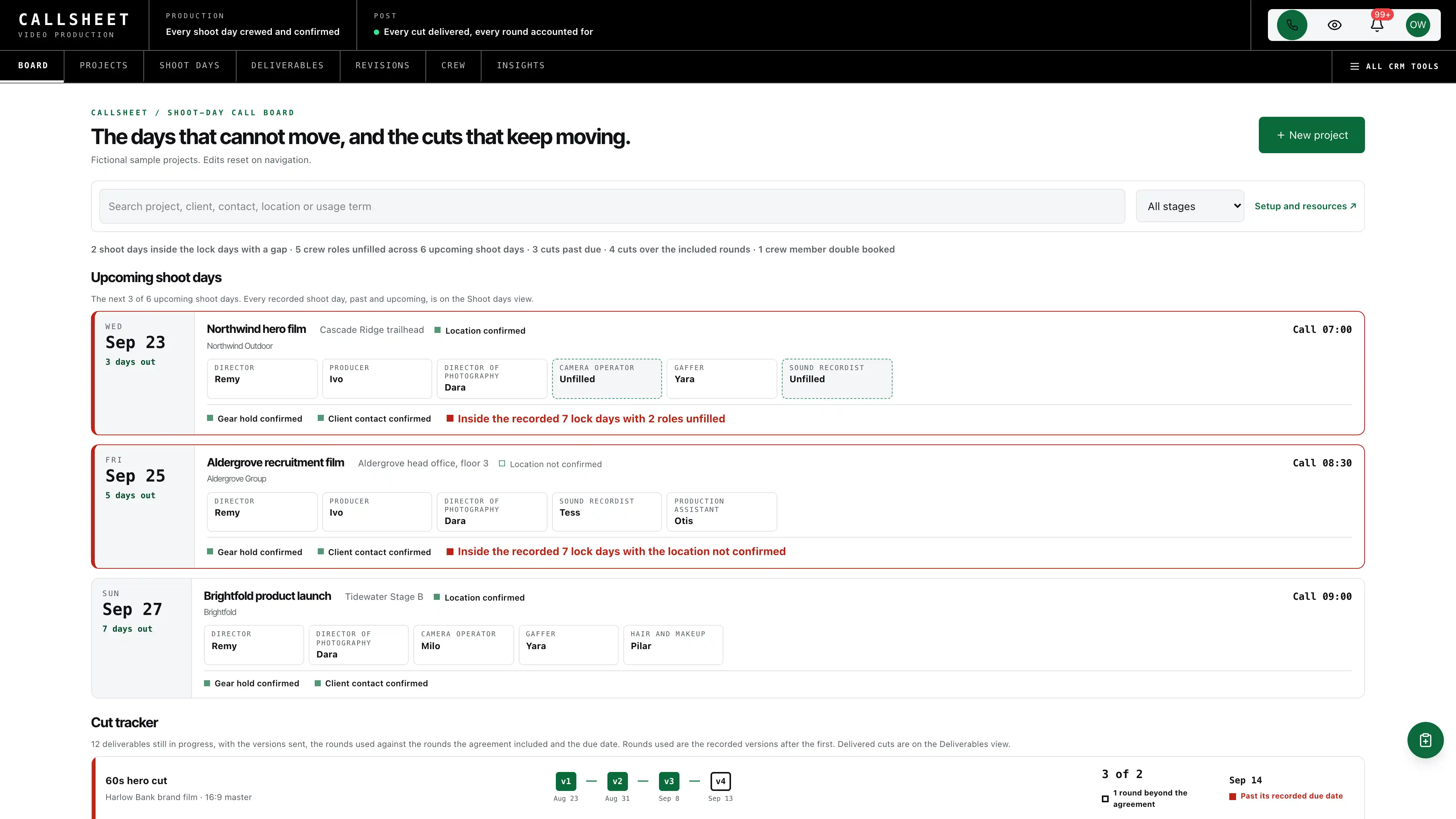 Black slate top bar over wide shoot-day cards with crew grids and unfilled roles, above a cut tracker of version chains and rounds used, using fictional sample data