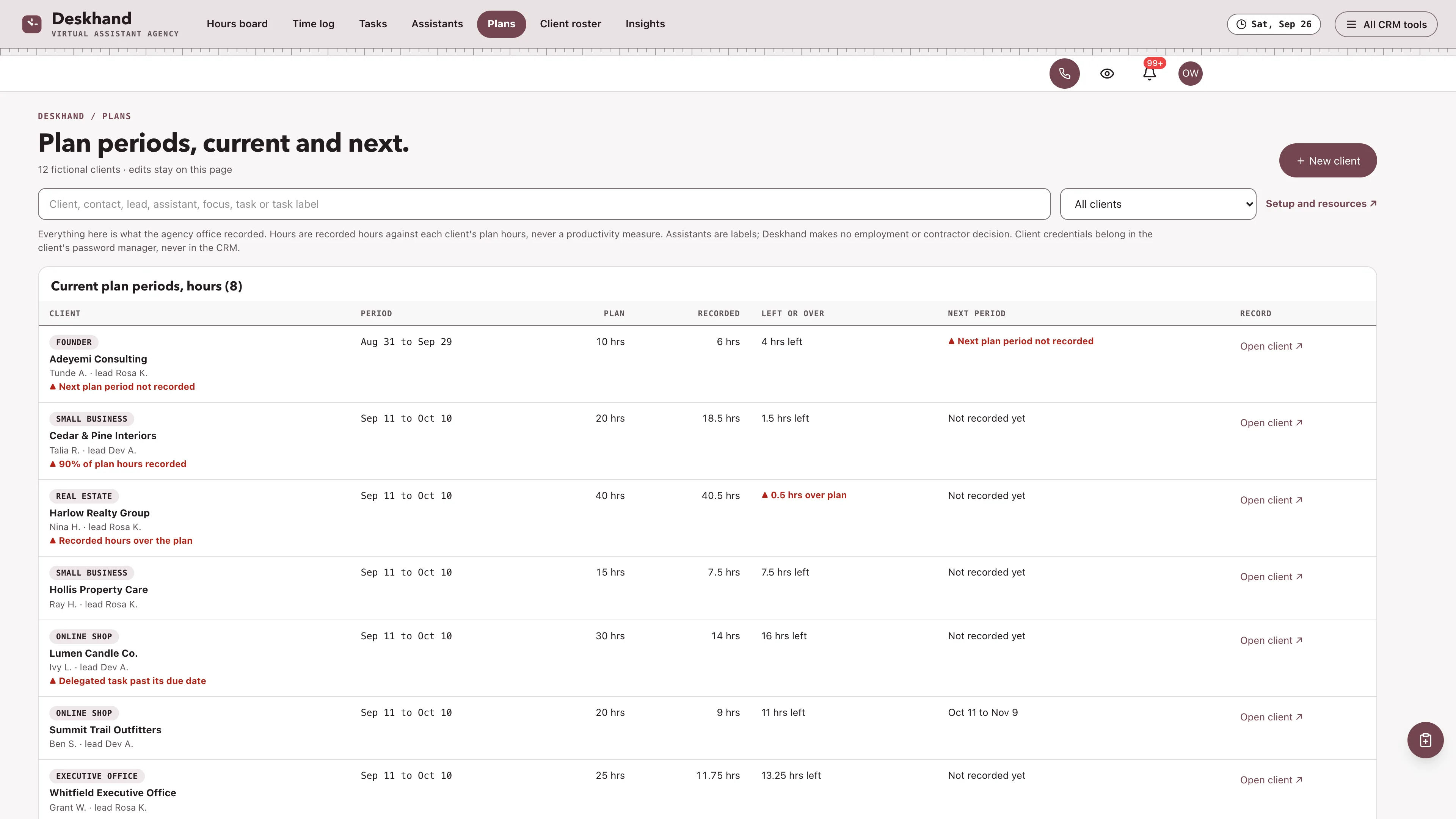 Plans in the GoSeedly Virtual Assistant Agency Kit with fictional sample records