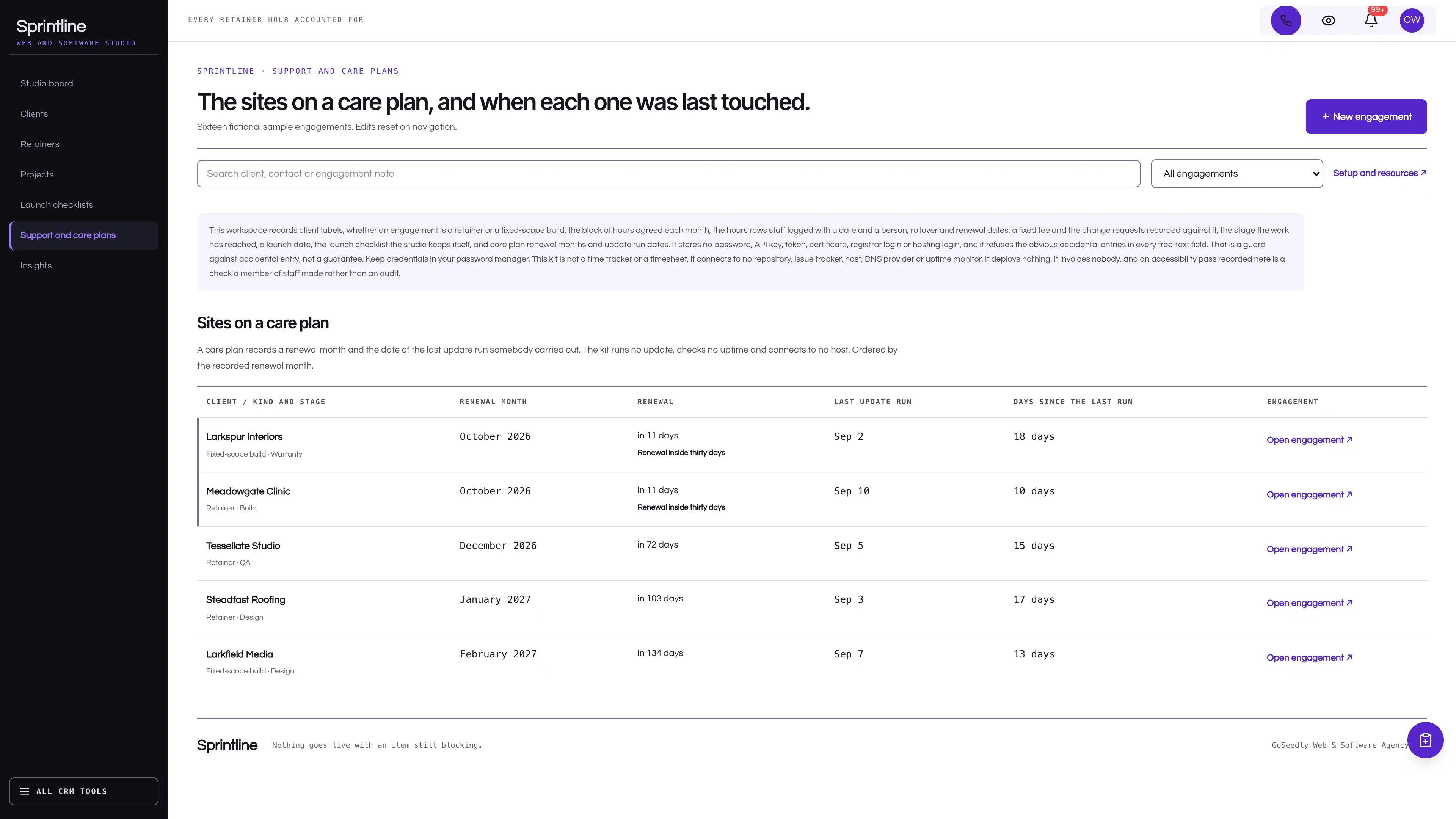 Support and care plans in the GoSeedly Web & Software Agency Kit with fictional sample records
