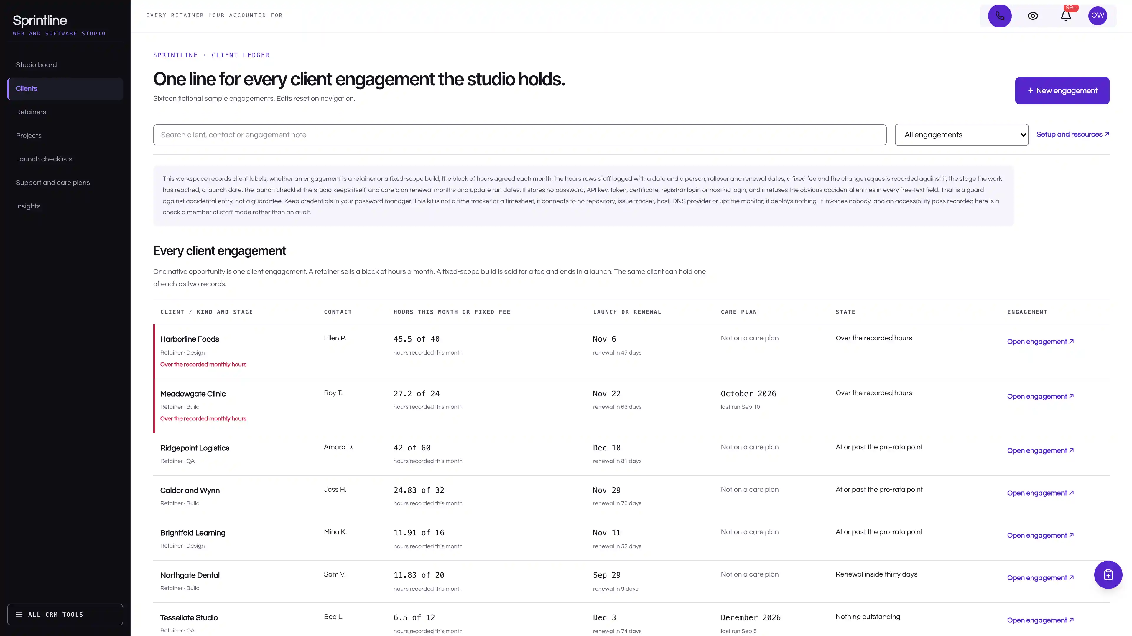 Clients in the GoSeedly Web & Software Agency Kit with fictional sample records