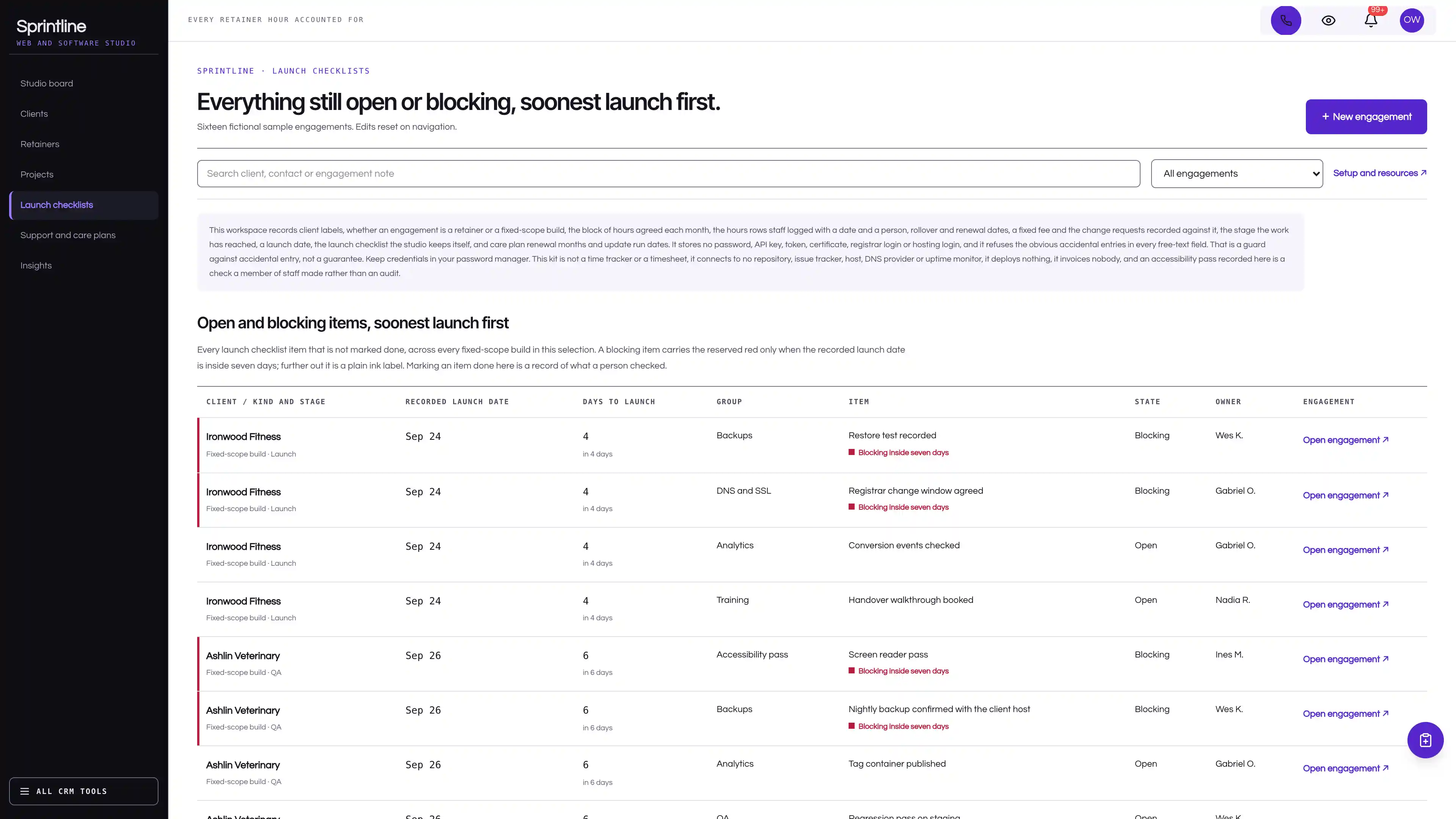 Launch checklists in the GoSeedly Web & Software Agency Kit with fictional sample records