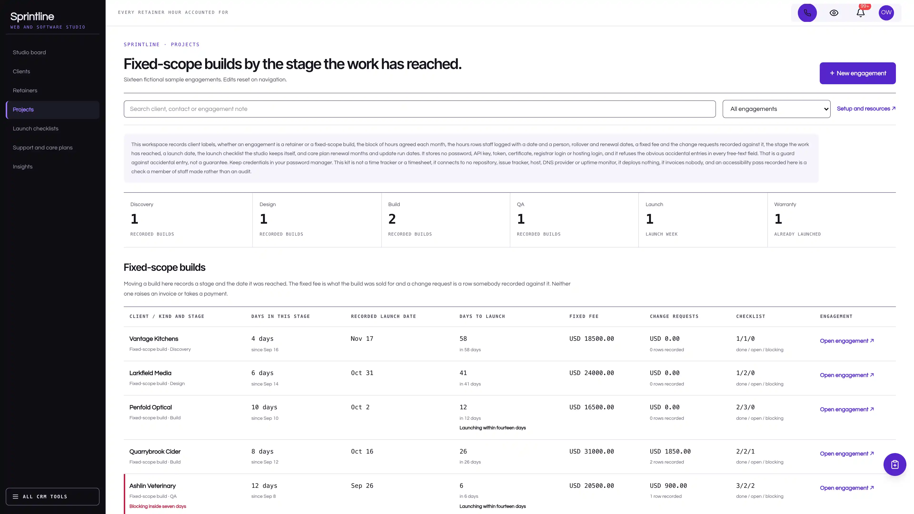 Projects in the GoSeedly Web & Software Agency Kit with fictional sample records