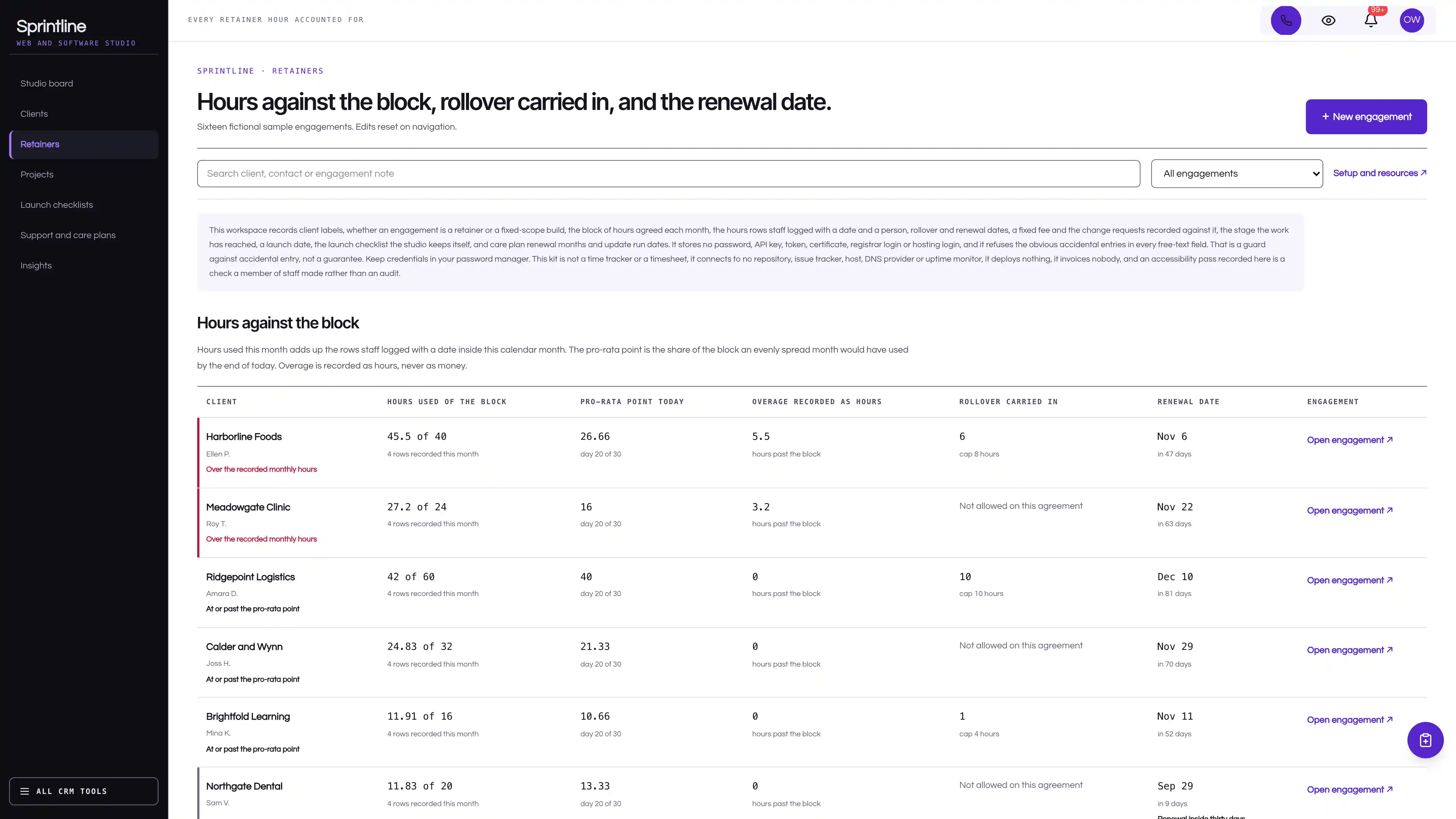 Retainers in the GoSeedly Web & Software Agency Kit with fictional sample records