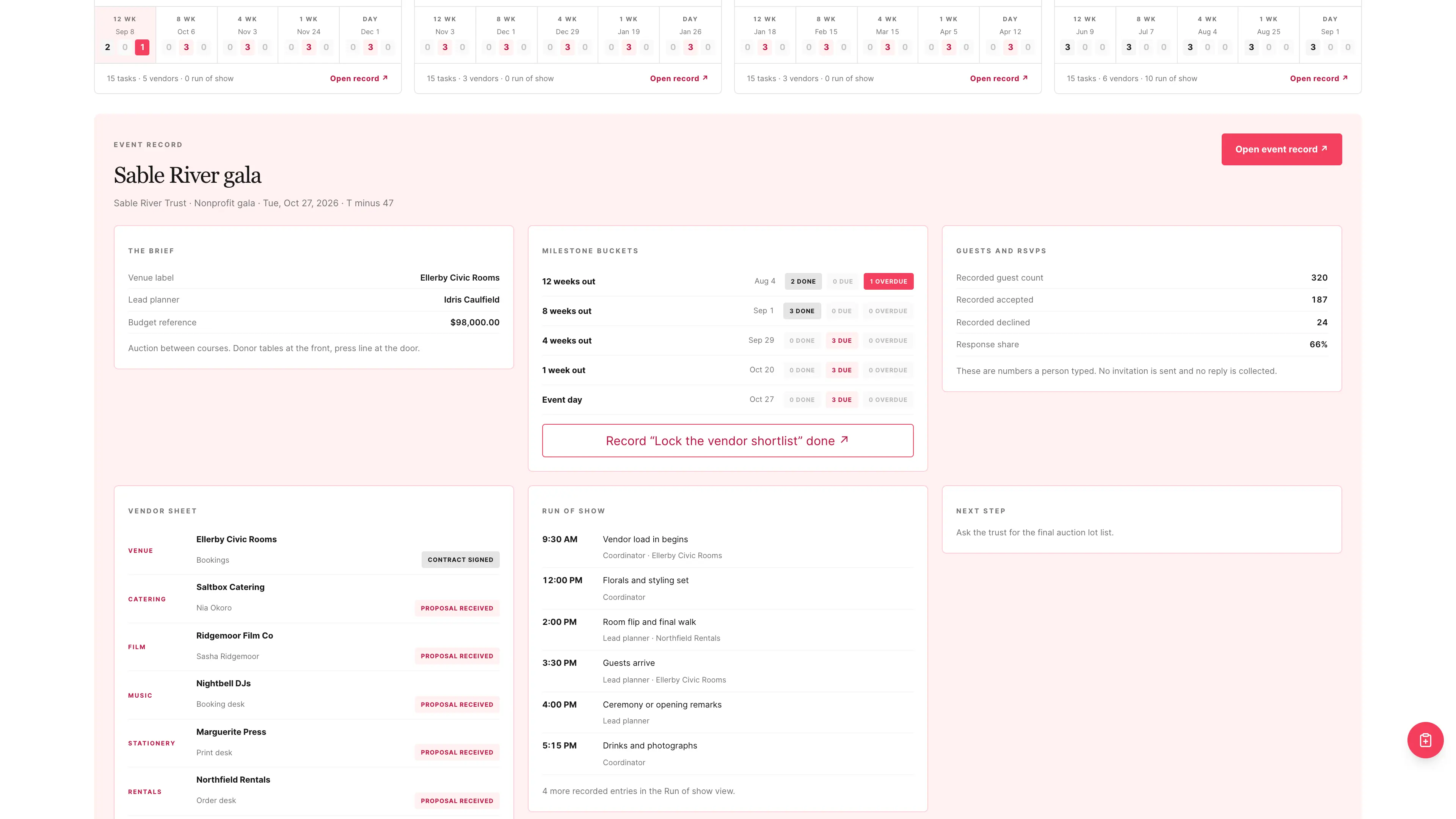 Event record in the GoSeedly Wedding & Event Planner Kit with fictional sample records