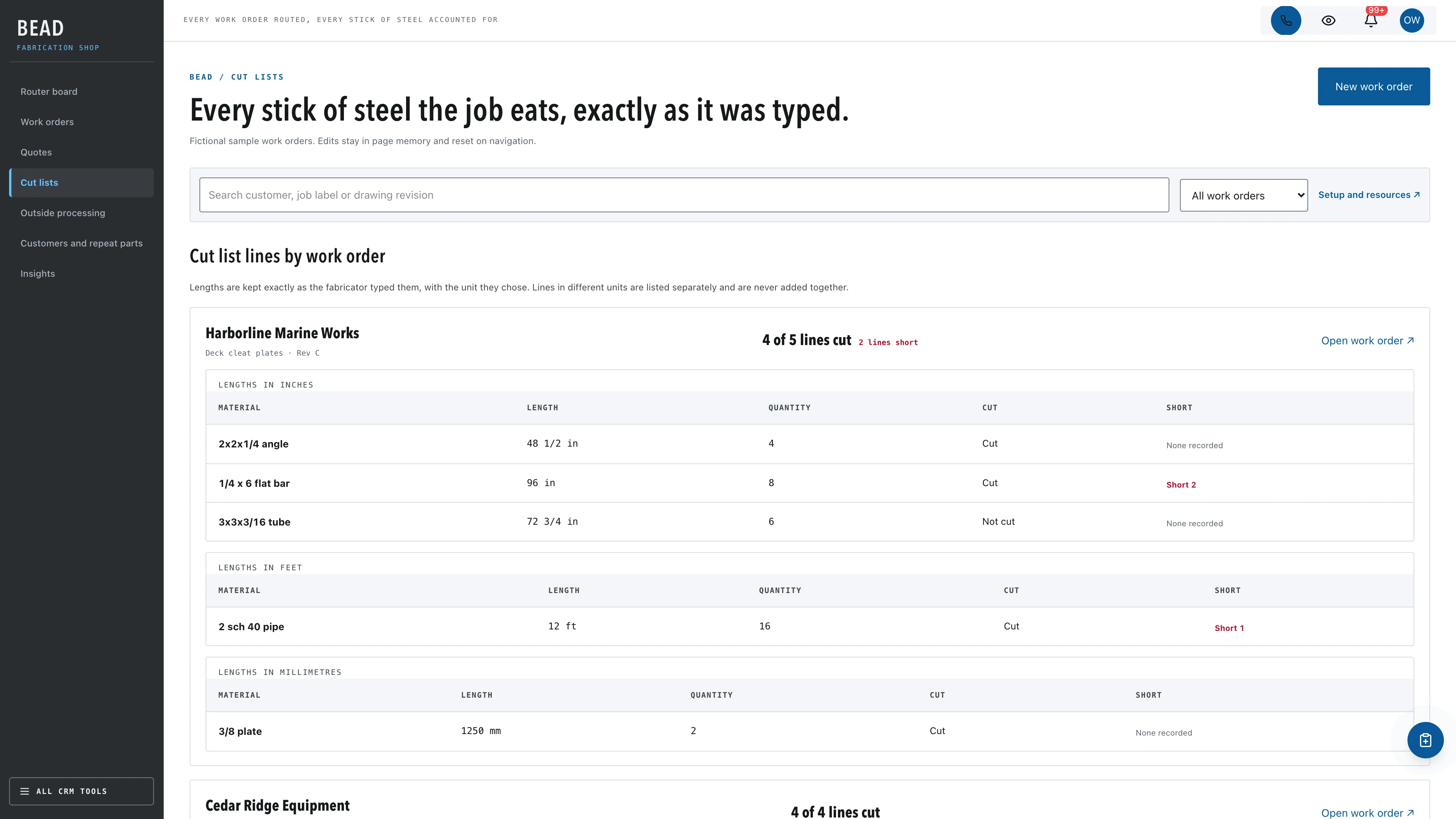 Cut lists in the GoSeedly Welding & Fabrication Kit with fictional sample records