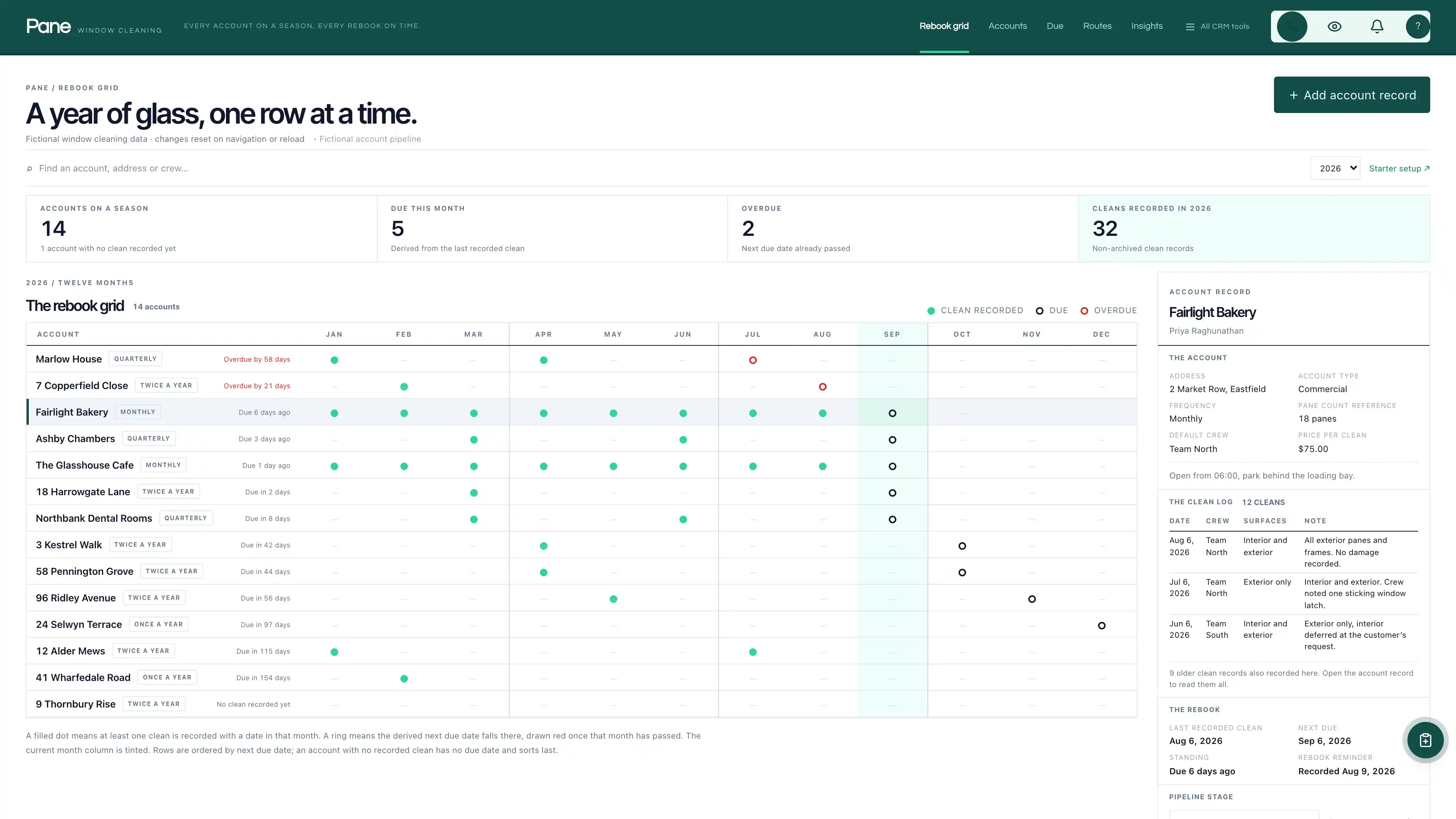 Account sheet in the GoSeedly Window Cleaning Kit with fictional sample records