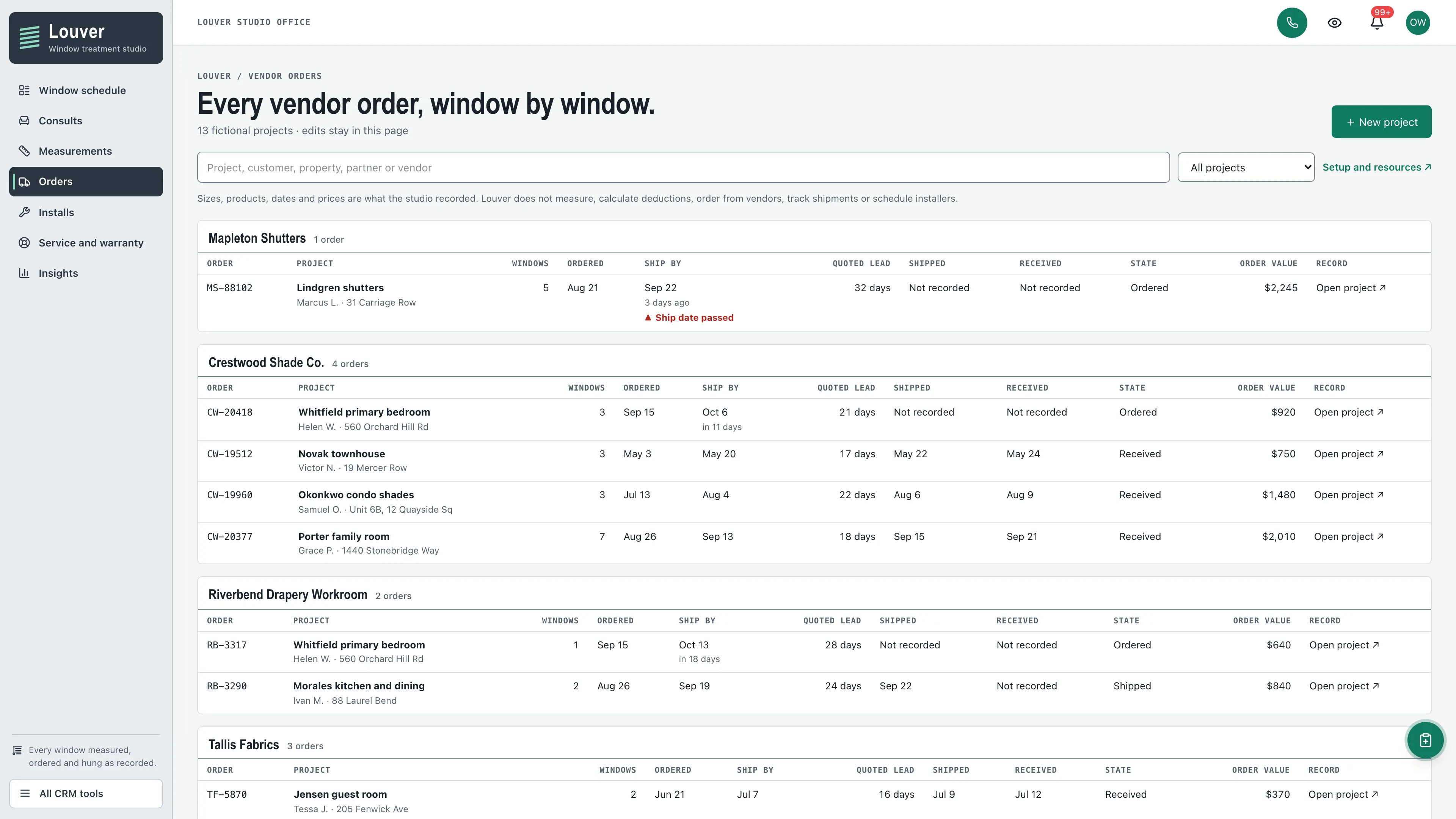 Orders in the GoSeedly Window Treatments Kit with fictional sample records