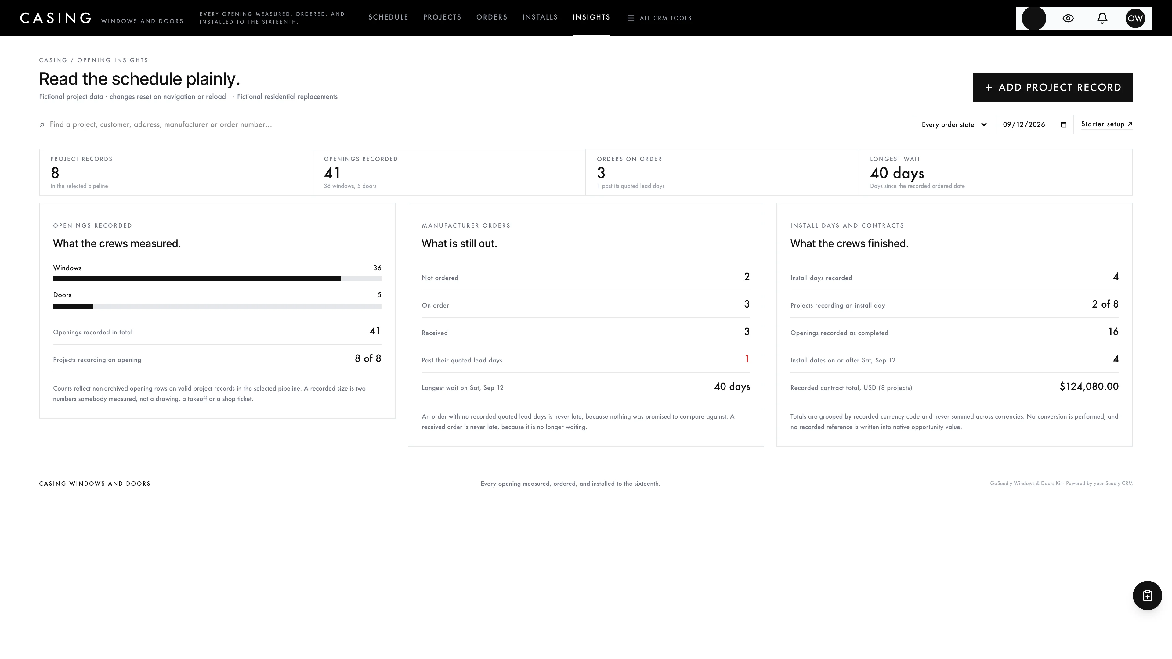 Insights in the GoSeedly Windows & Doors Kit with fictional sample records