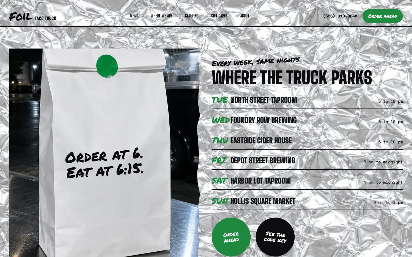 Foil: Home / order at 6, eat at 6:15