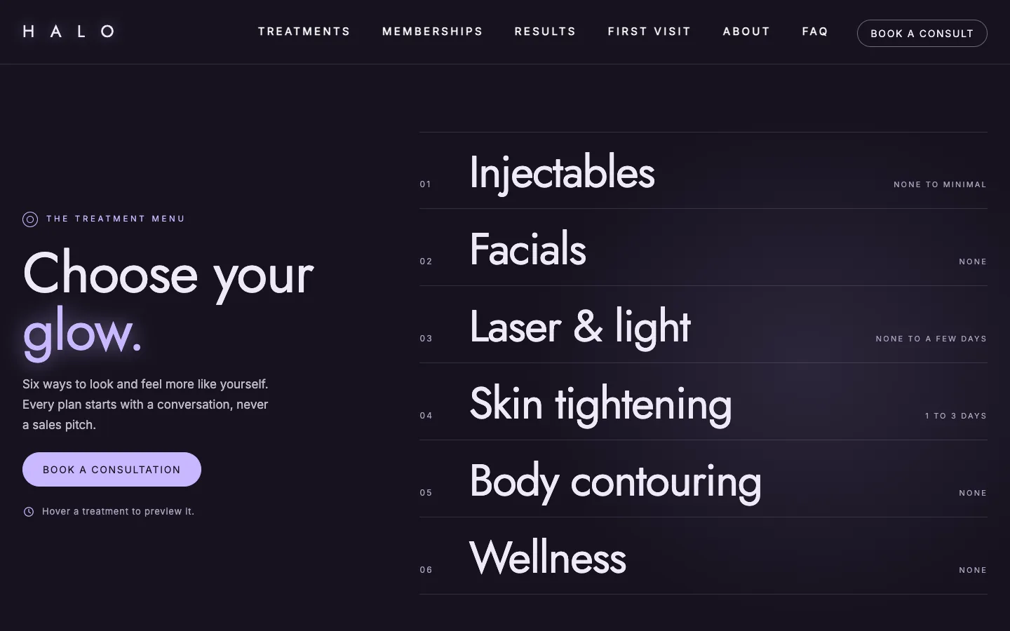 Halo: Home / treatment menu hero