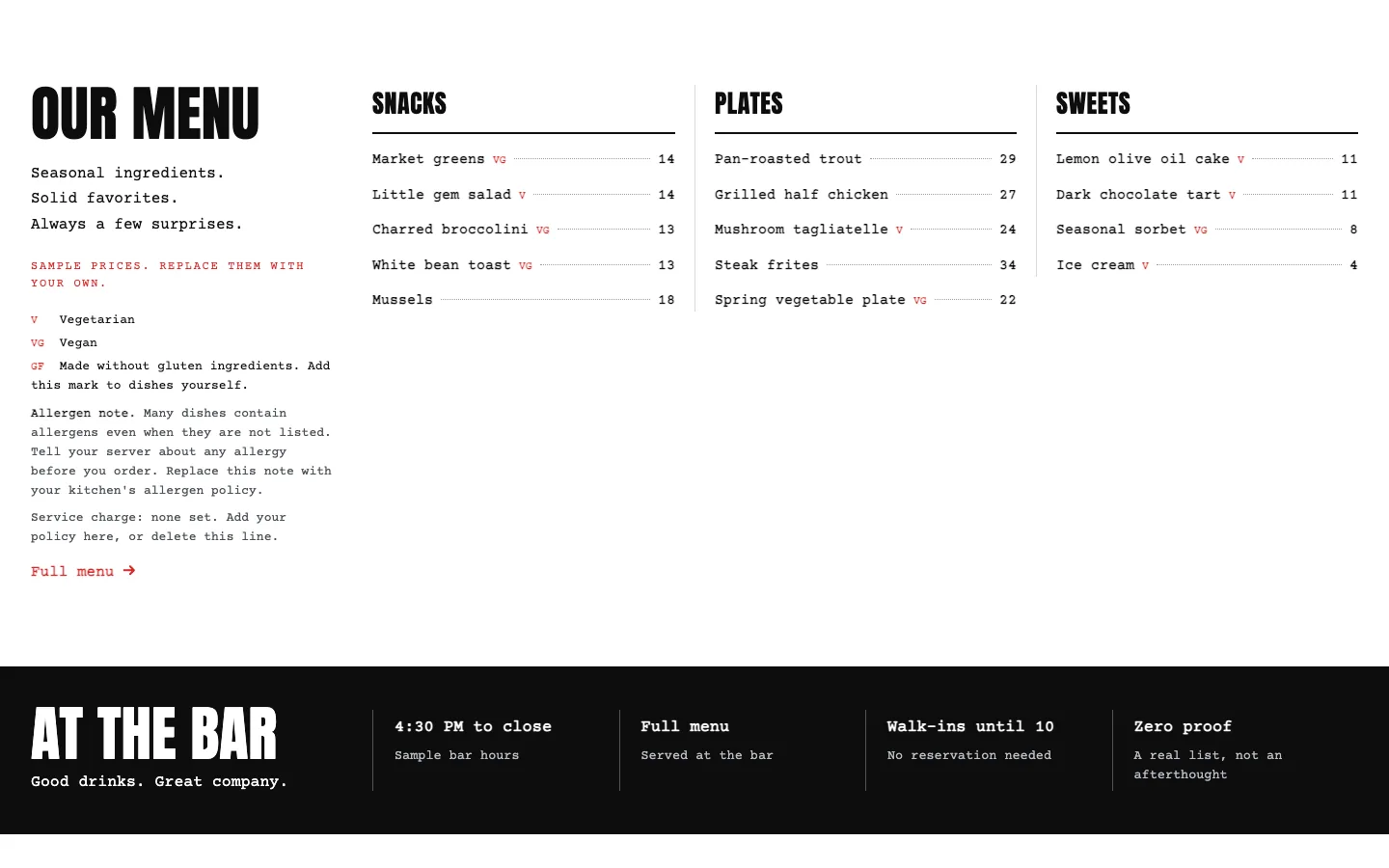 Skillet: Our menu