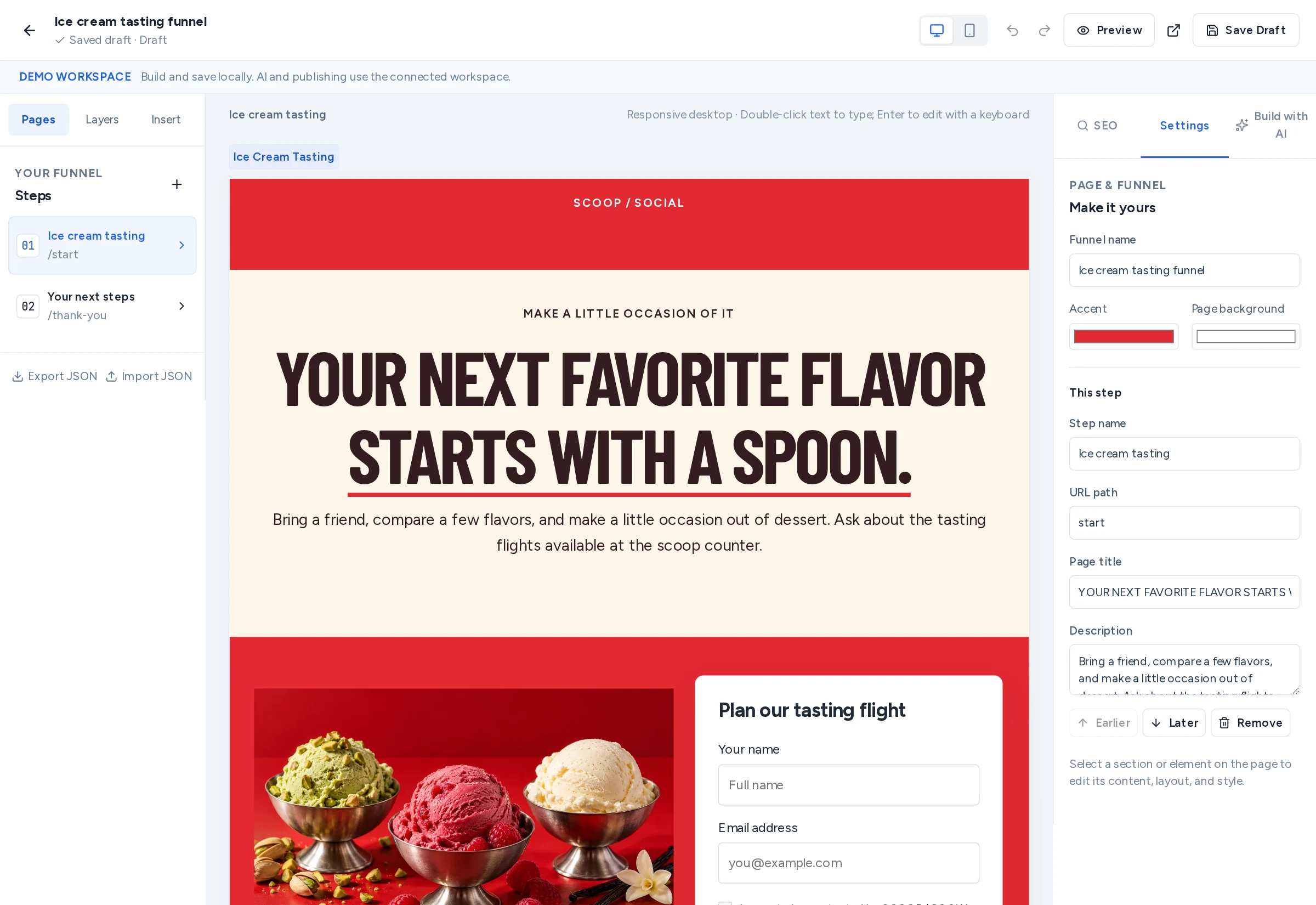 Hyperchat funnel editor with an illustrative tasting campaign