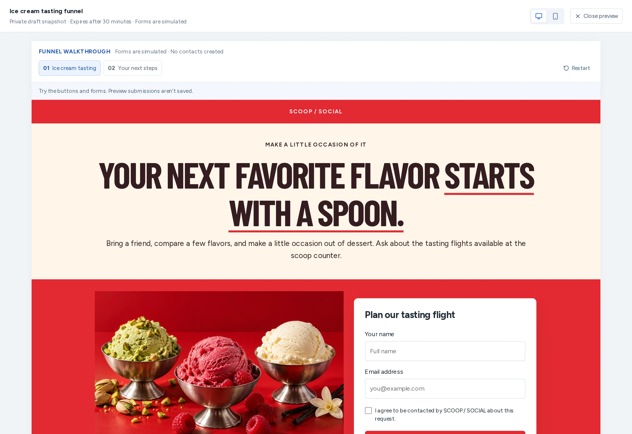 A private desktop preview of an example Hyperchat funnel