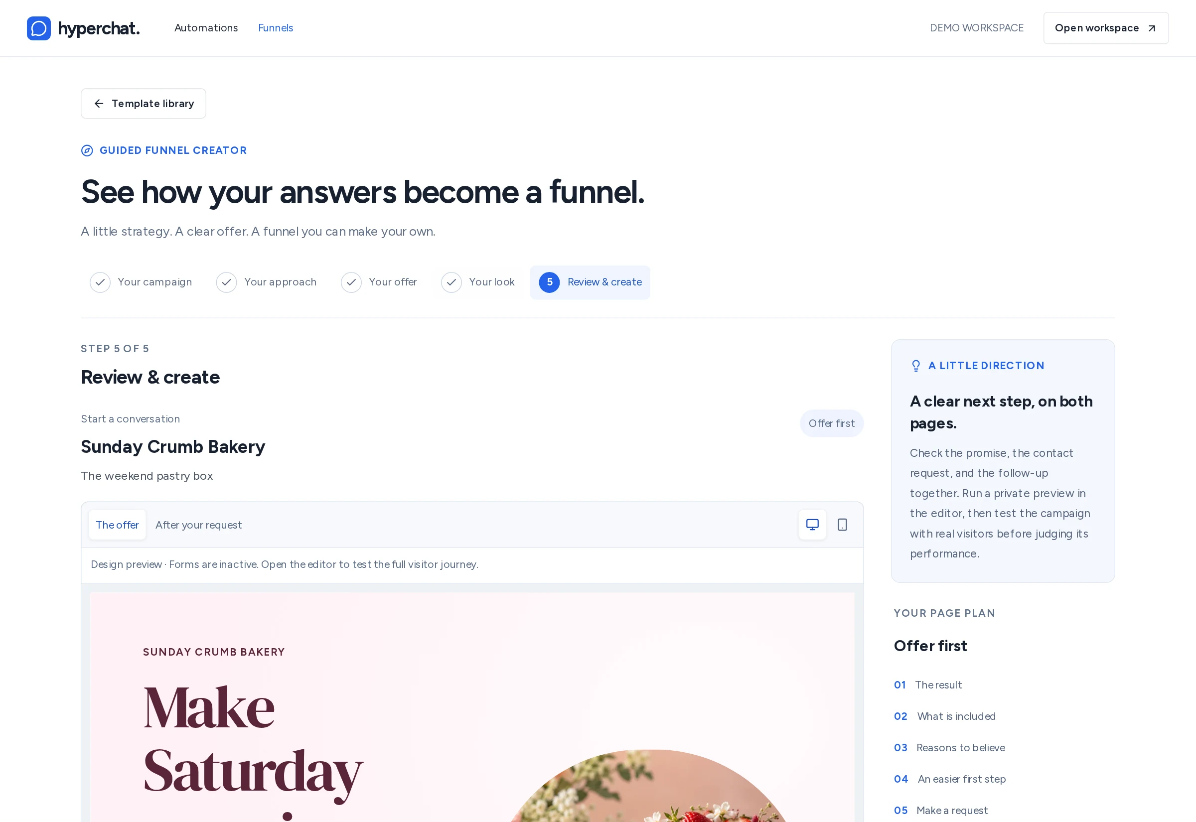 Hyperchat guided creator reviewing an example bakery landing page